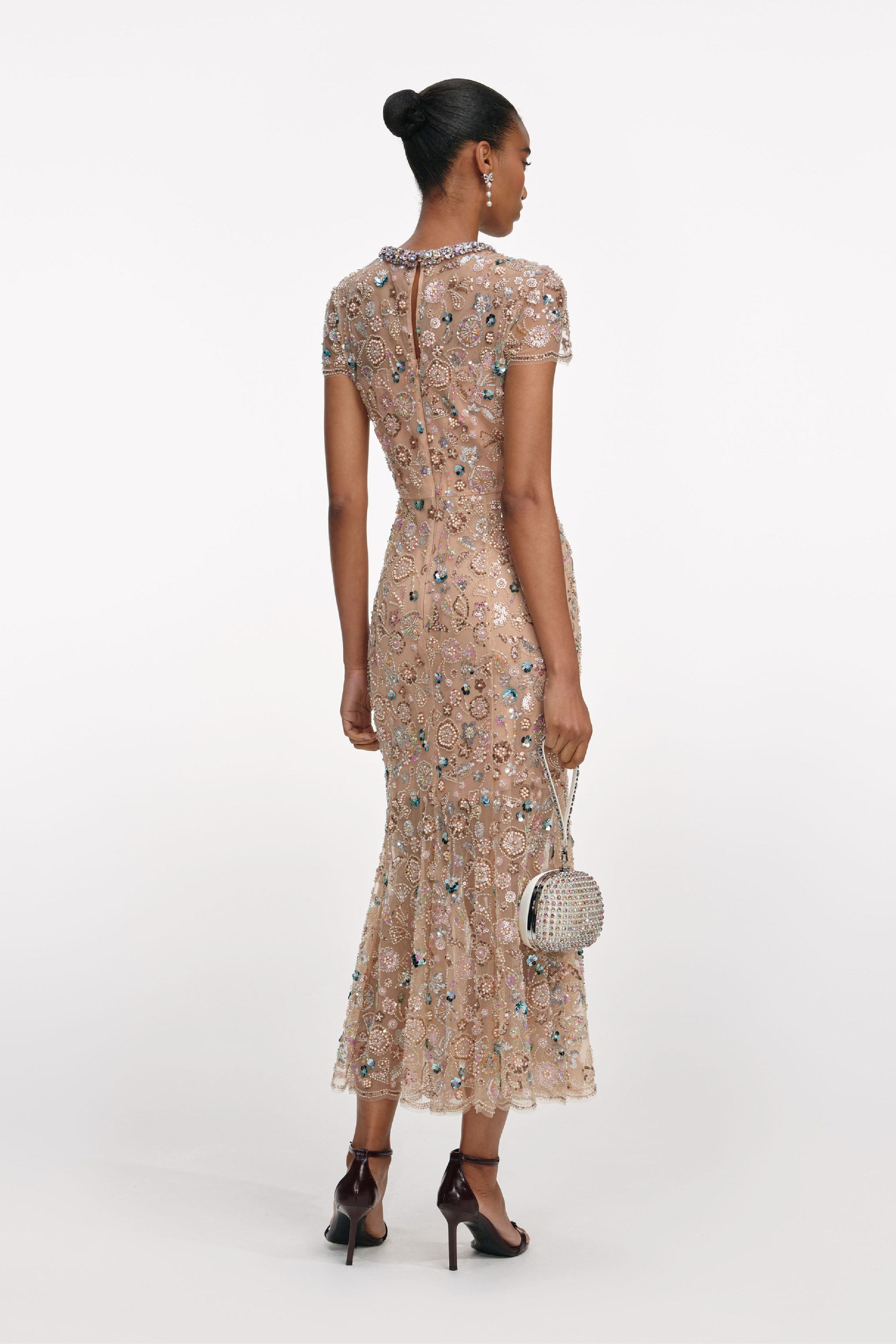Champagne Sequin Embroidered Midi Dress