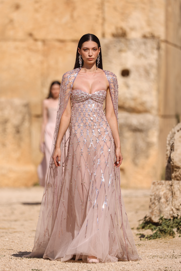Sequin Embellished Strapless Gown & Cape