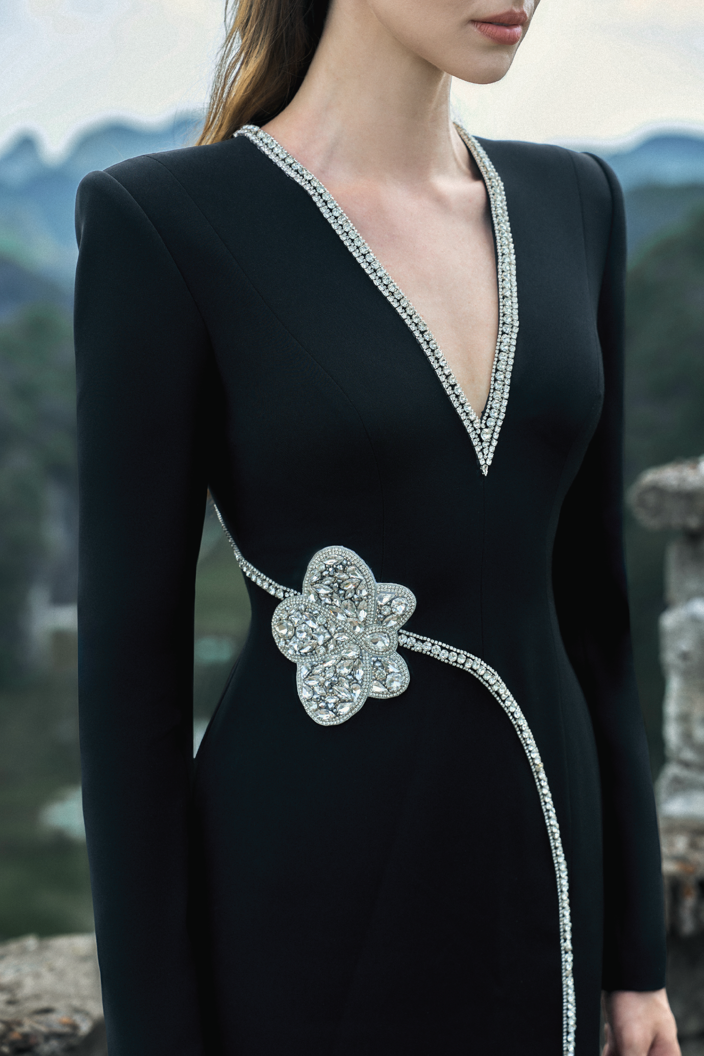 Stone Orchid Embellished V-Neck Dress