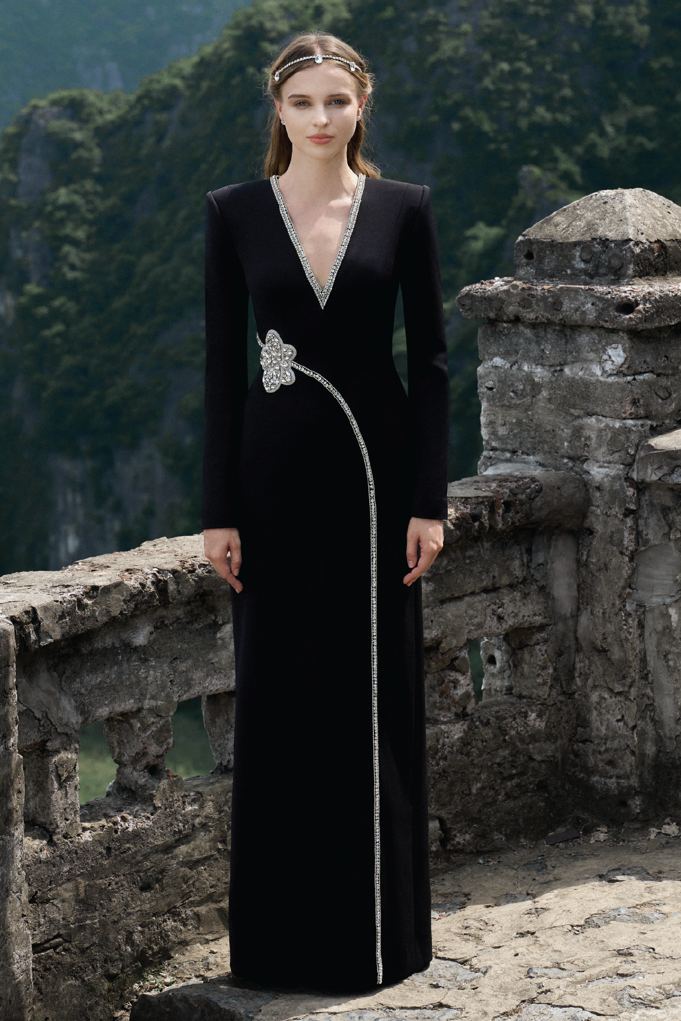 Stone Orchid Embellished V-Neck Dress