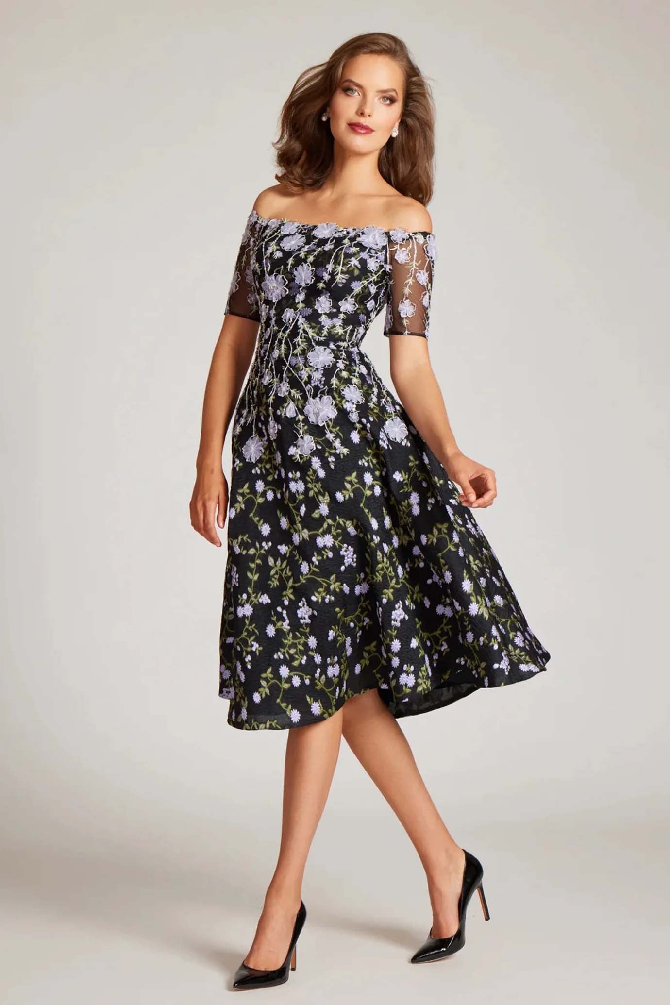 Floral-Embroidered Off-Shoulder Midi Dress