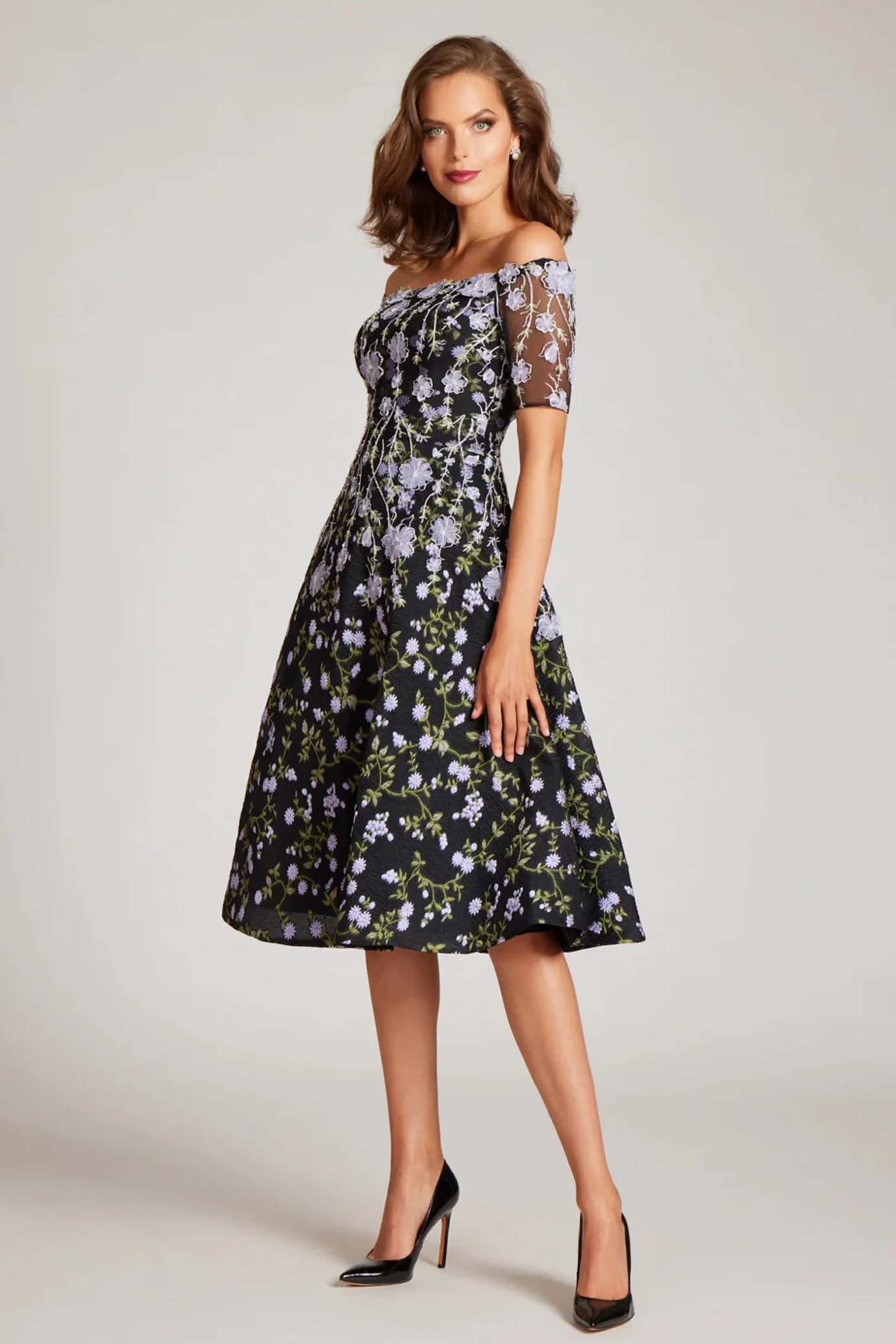 Floral-Embroidered Off-Shoulder Midi Dress
