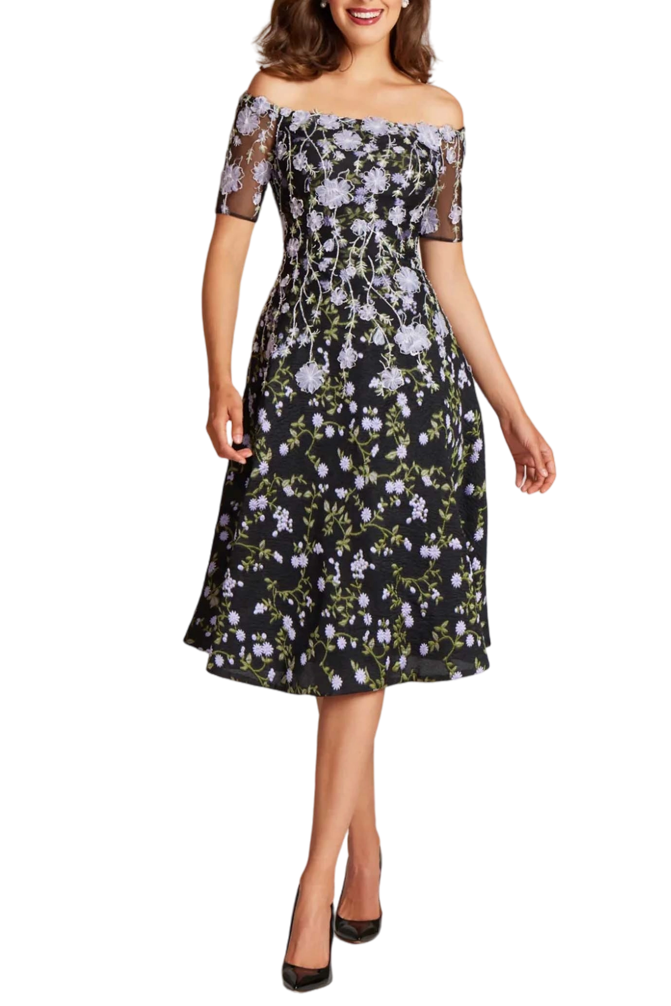 Floral-Embroidered Off-Shoulder Midi Dress