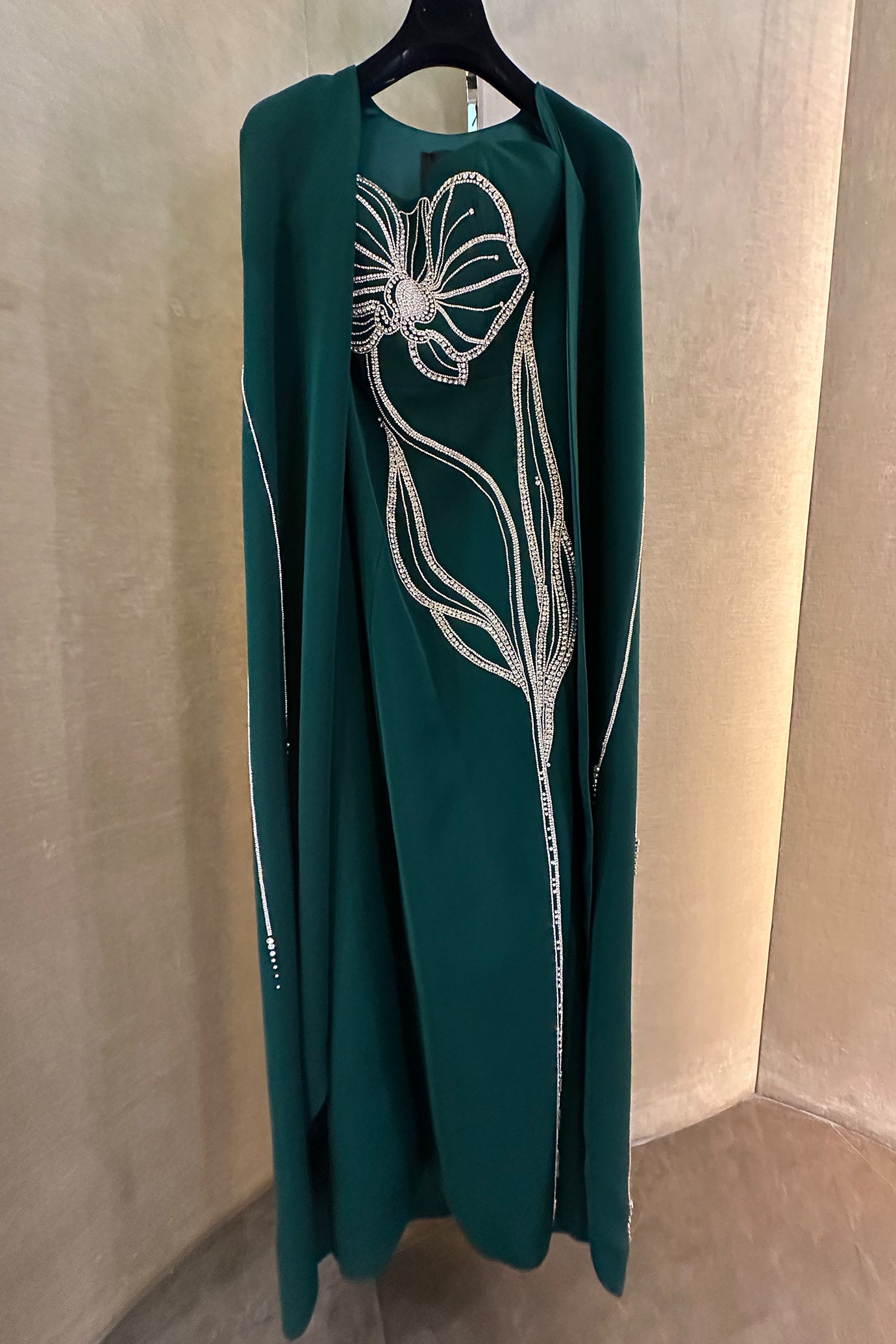 Crystal Strapless Dress With Long Back Cape