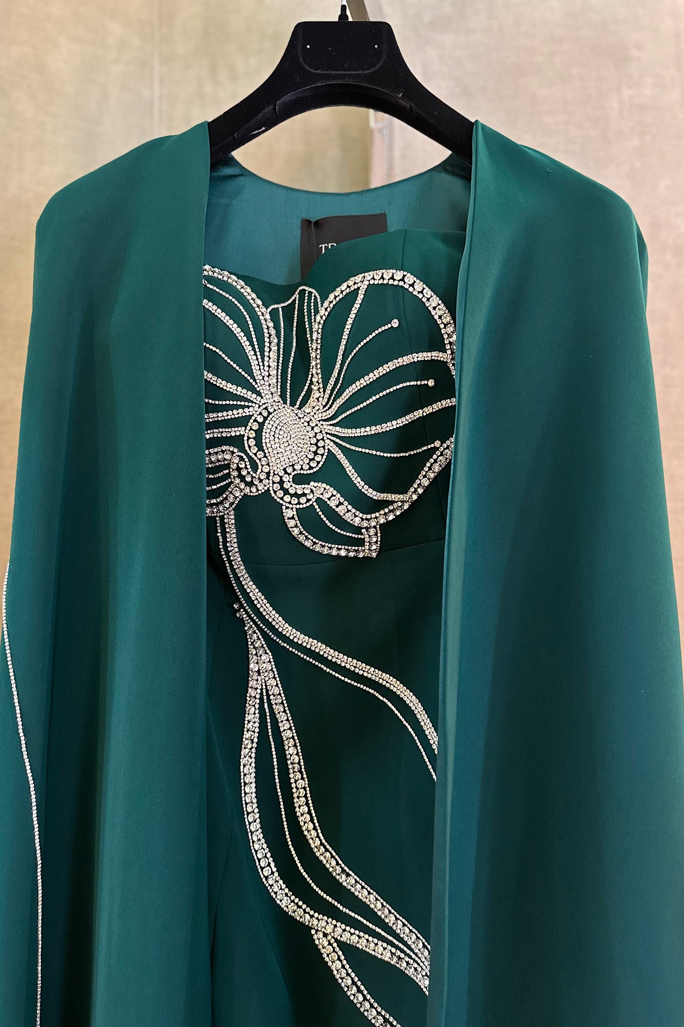 Crystal Strapless Dress With Long Back Cape