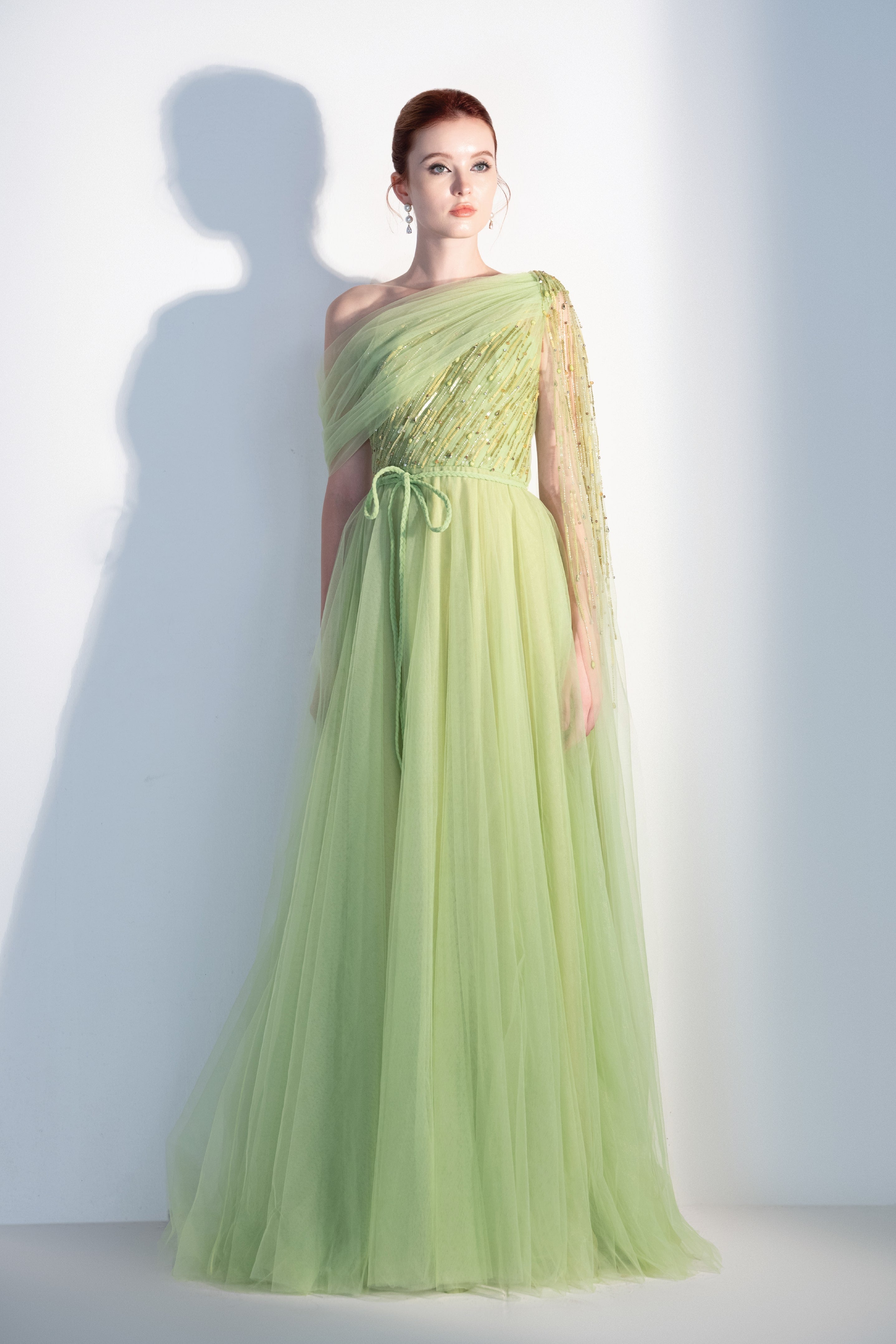Asymmetric Embellished Tulle Gown
