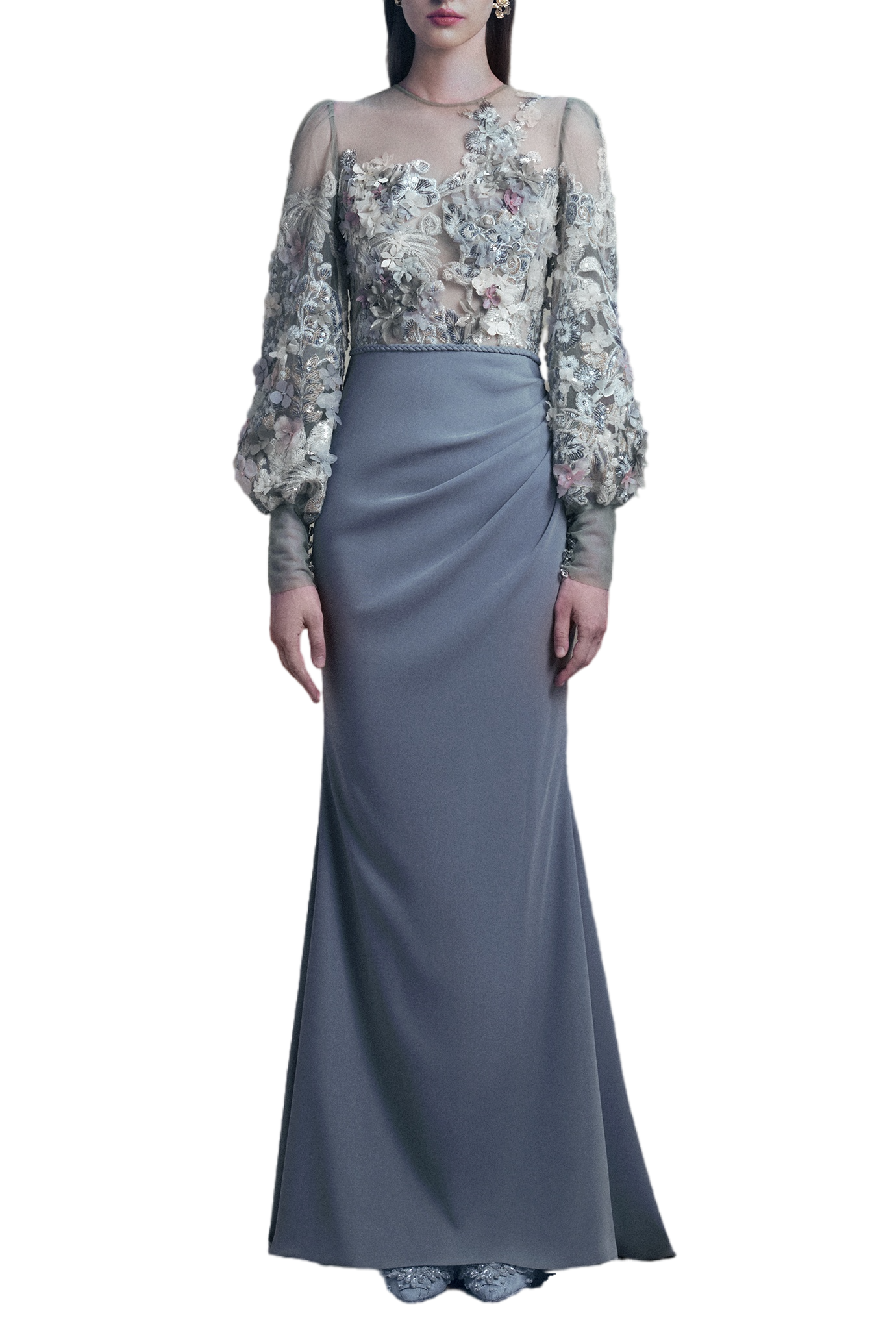 Grey Fitted Drapes Floral Gown