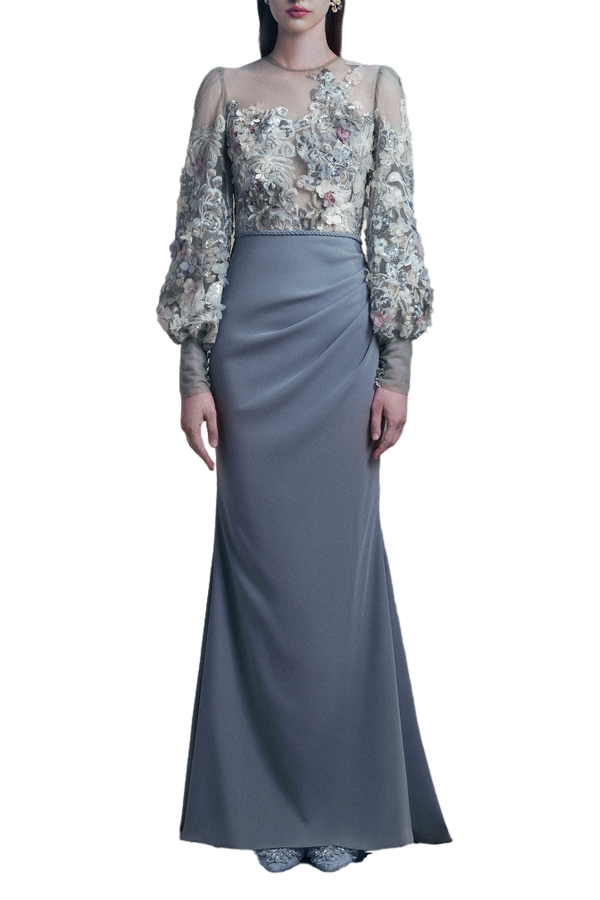 Grey Fitted Drapes Floral Gown