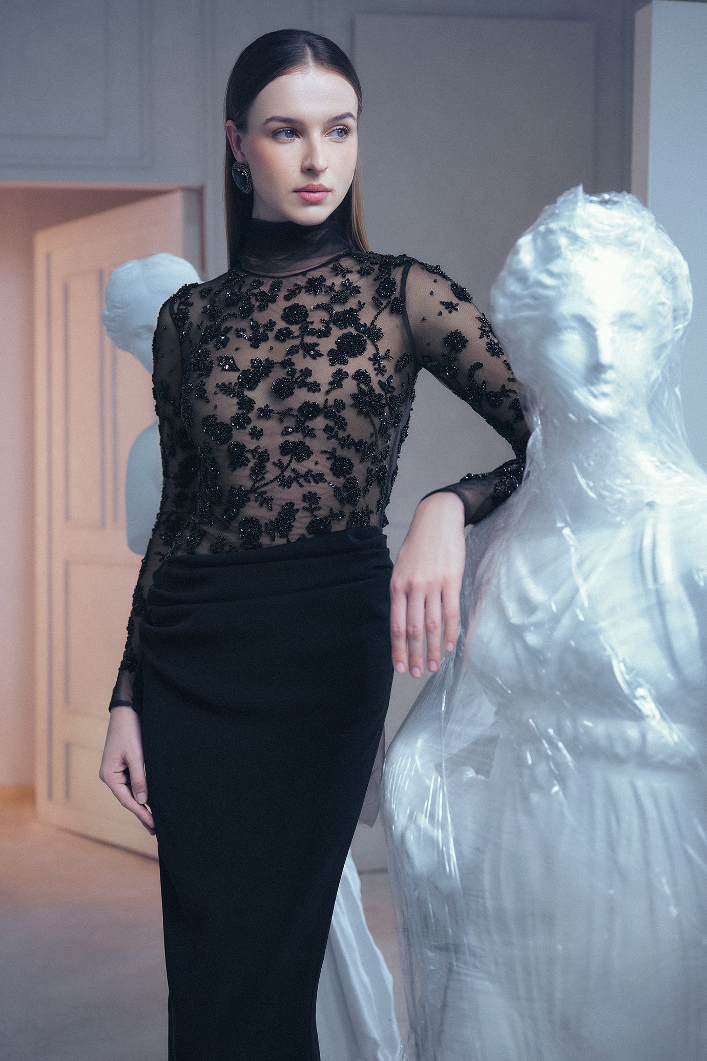 Black Fitted Floral Gown