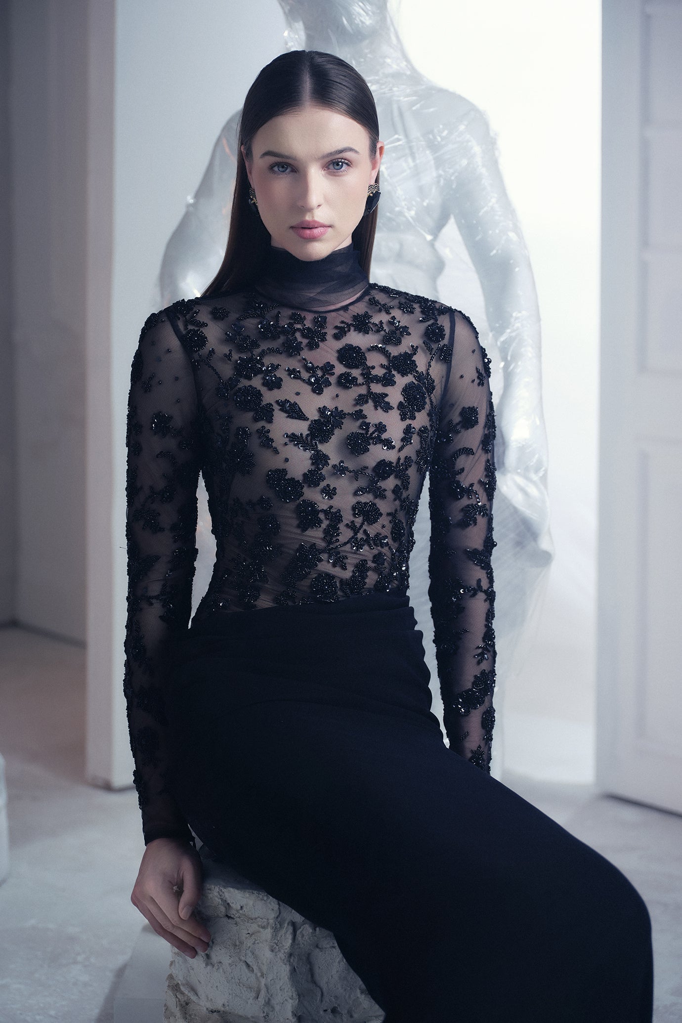 Black Fitted Floral Gown