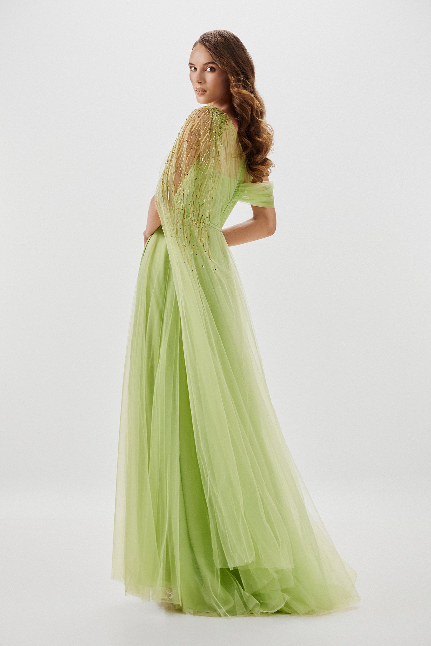 Asymmetric Embellished Tulle Gown