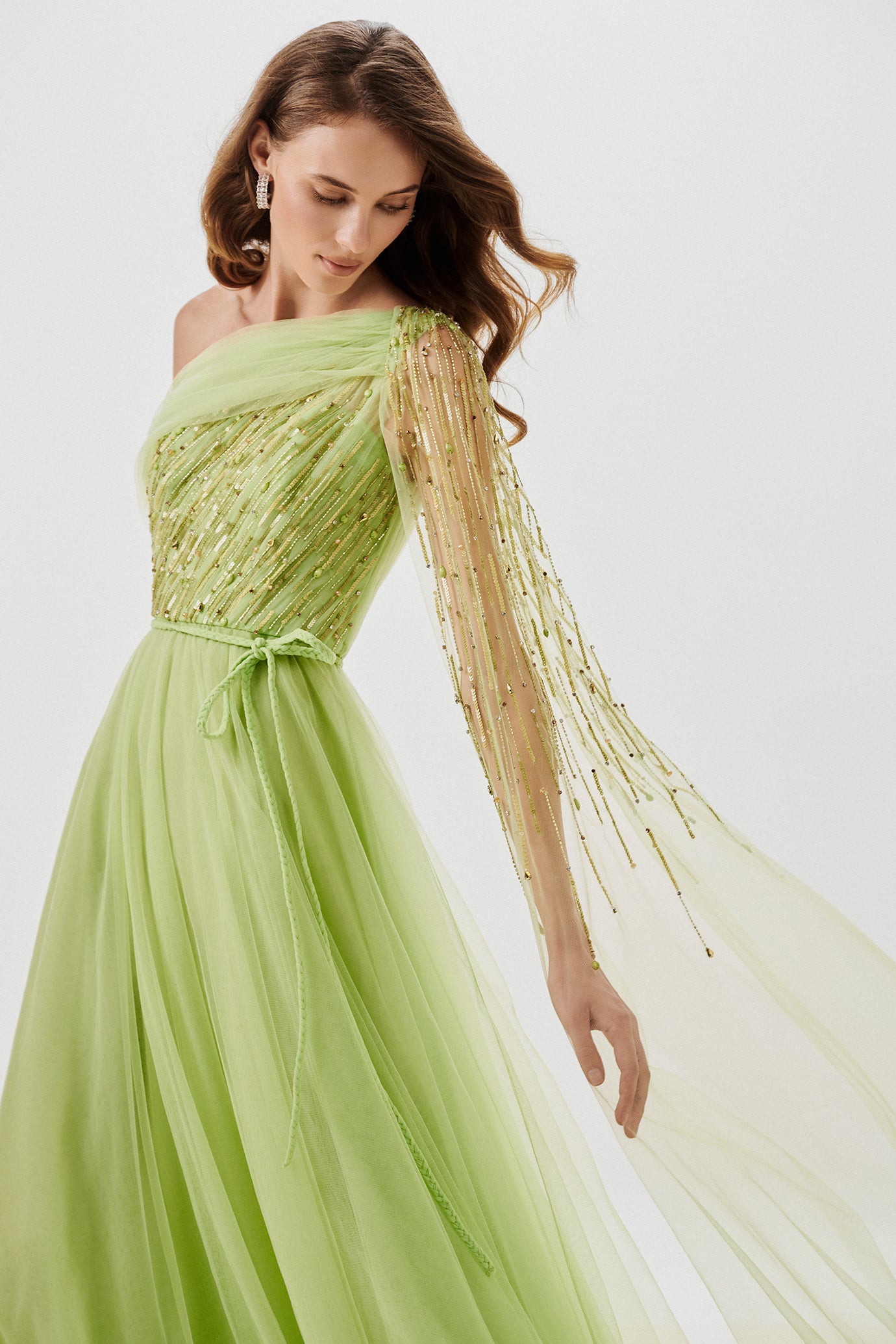 Asymmetric Embellished Tulle Gown