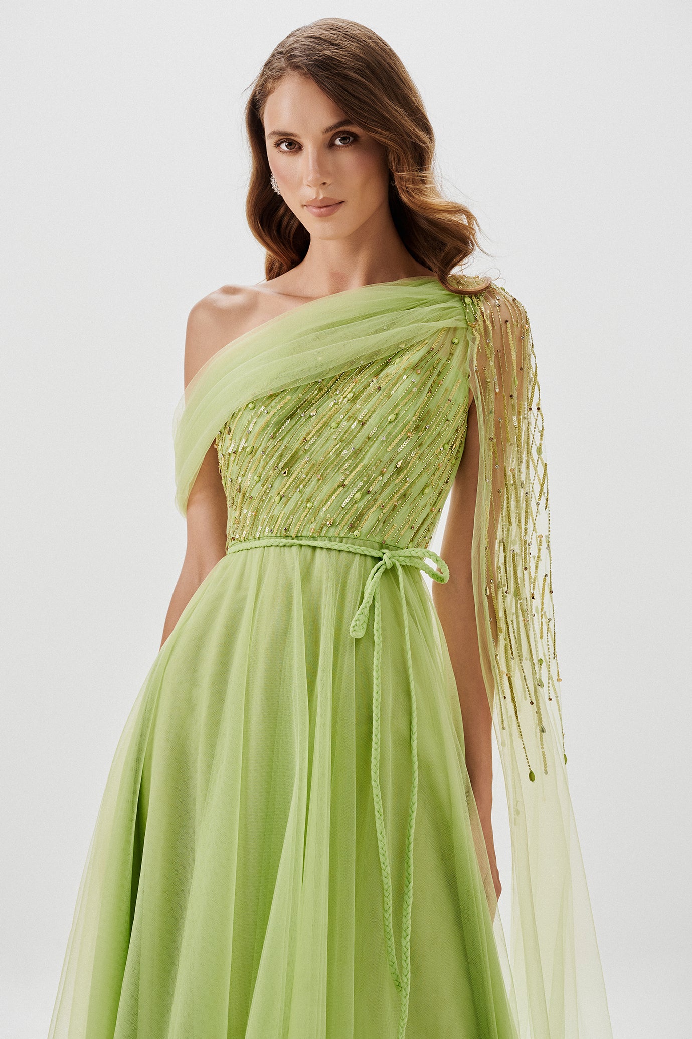 Asymmetric Embellished Tulle Gown