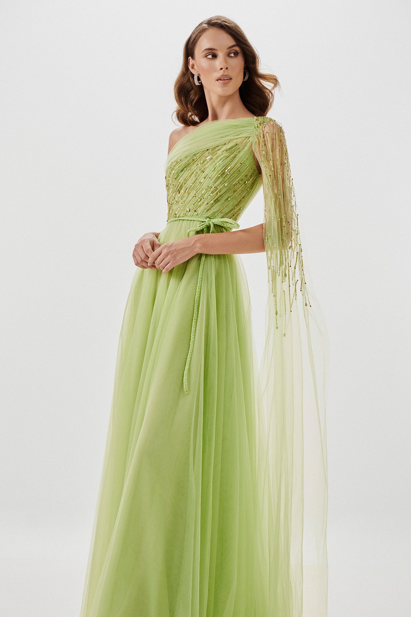 Asymmetric Embellished Tulle Gown