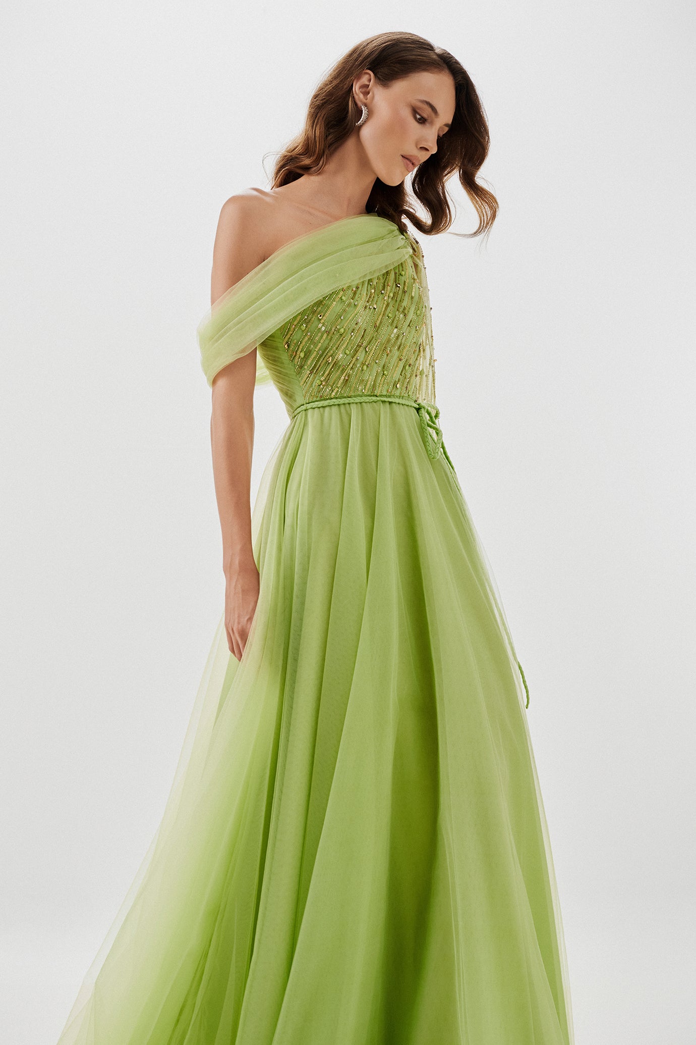 Asymmetric Embellished Tulle Gown