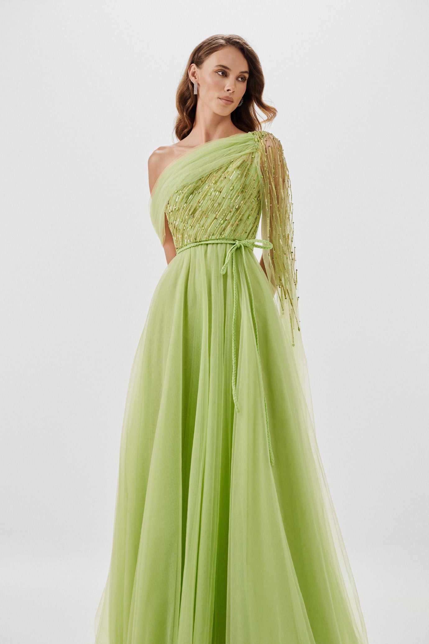 Asymmetric Embellished Tulle Gown