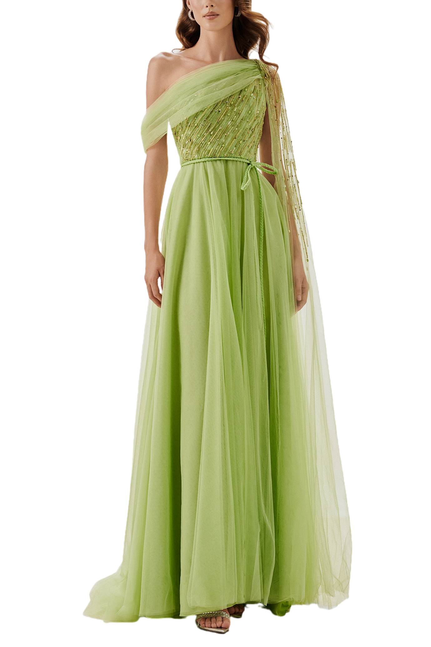 Asymmetric Embellished Tulle Gown