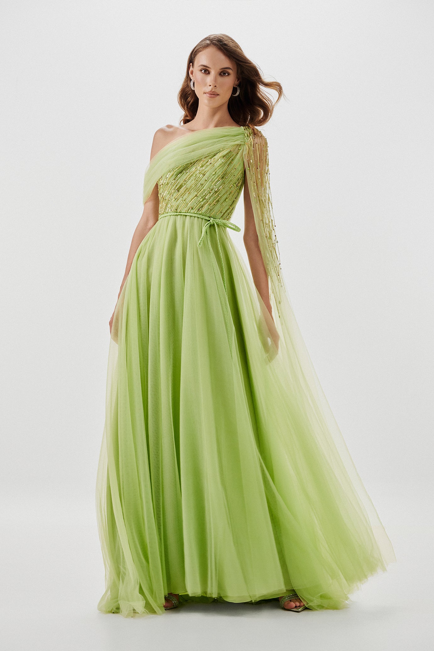 Asymmetric Embellished Tulle Gown