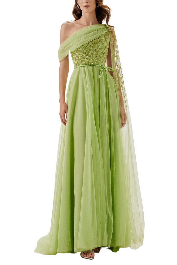 Asymmetric Embellished Tulle Gown