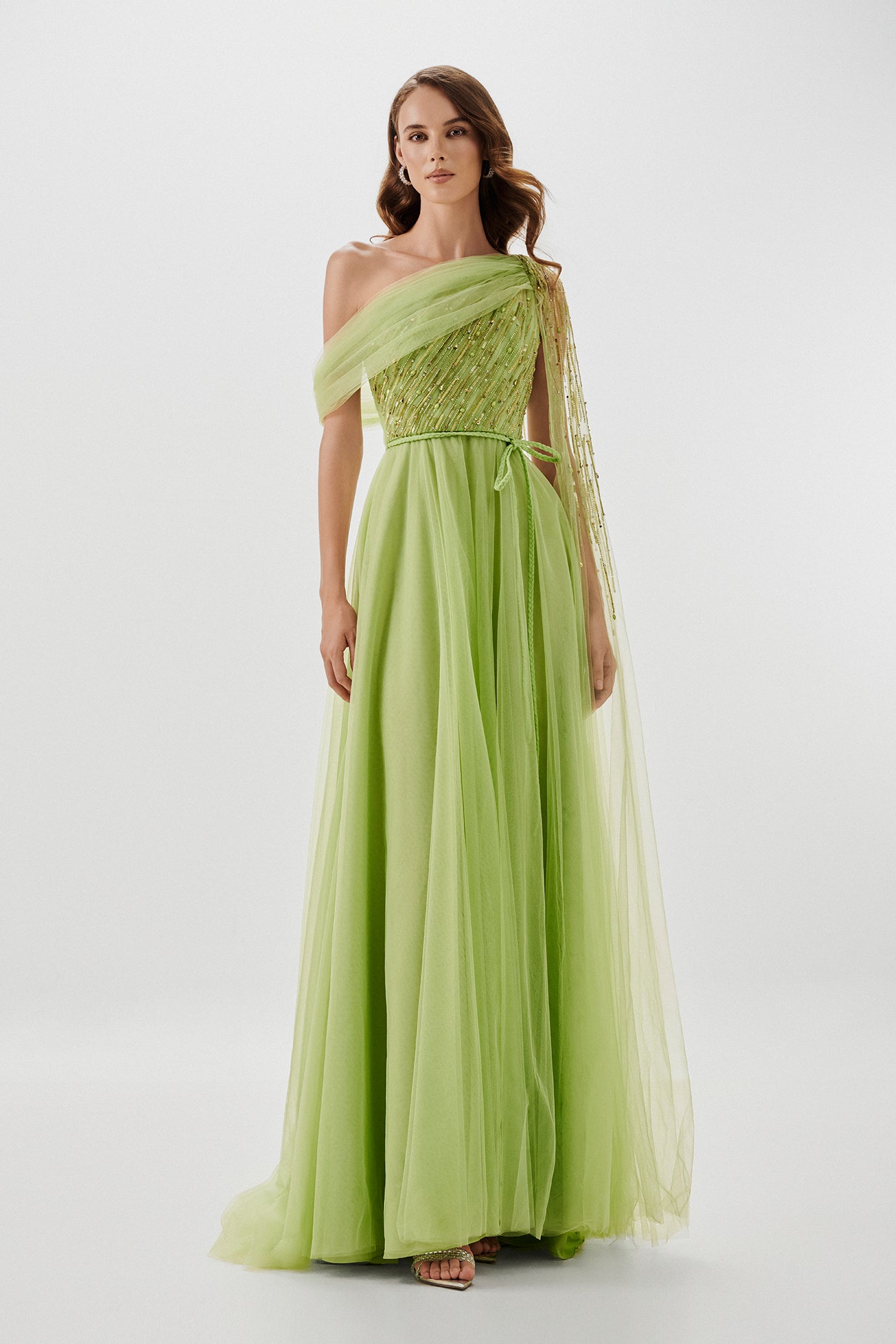Asymmetric Embellished Tulle Gown