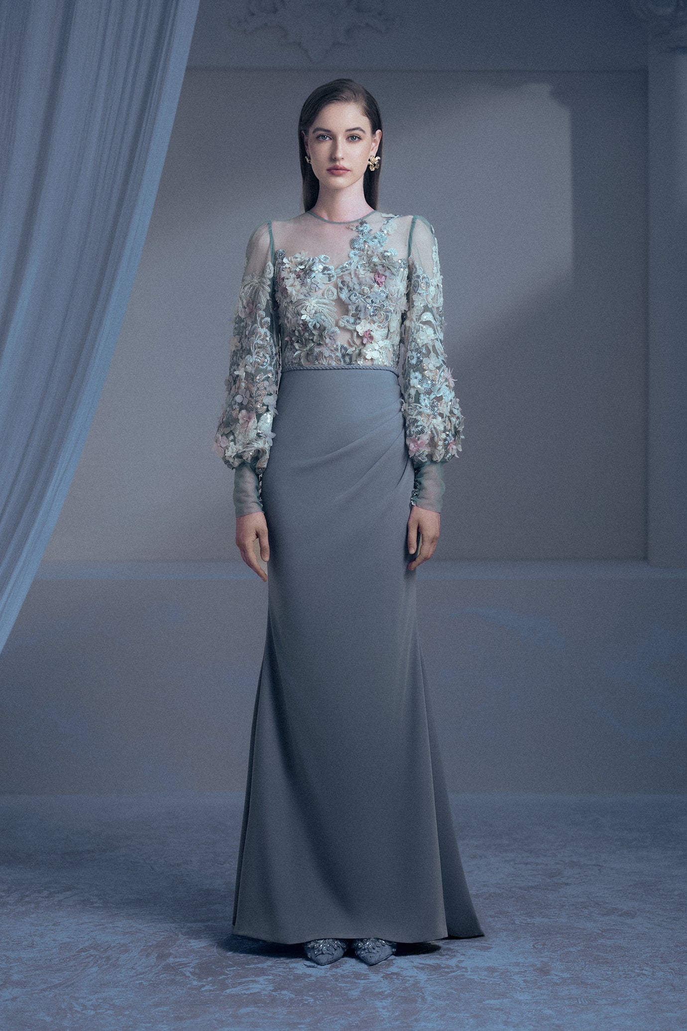 Grey Fitted Drapes Floral Gown