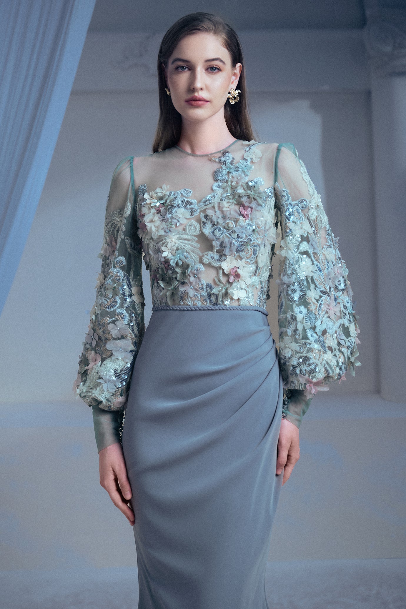 Grey Fitted Drapes Floral Gown