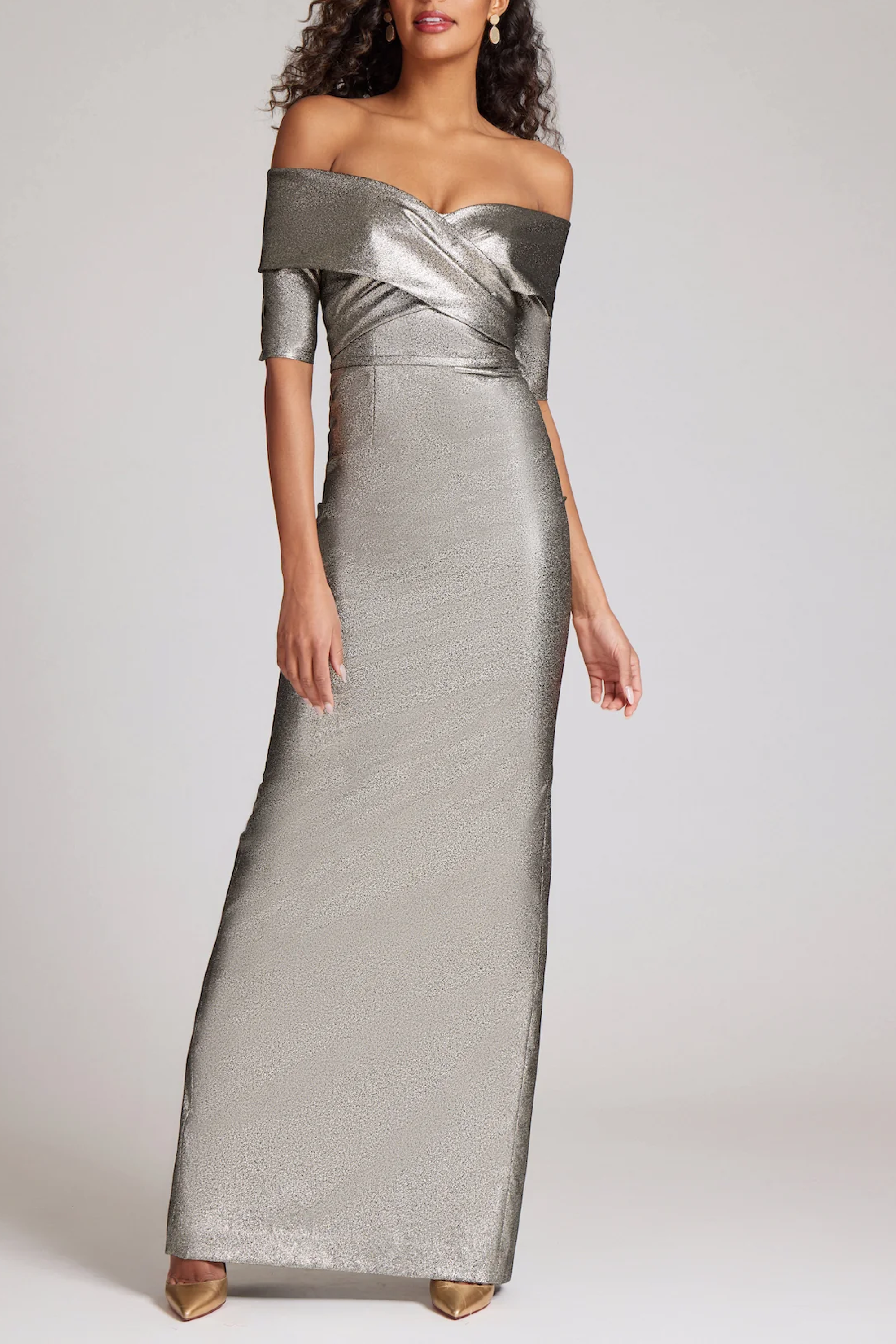 Metallic Jacquard Off Shoulder Portrait Gown