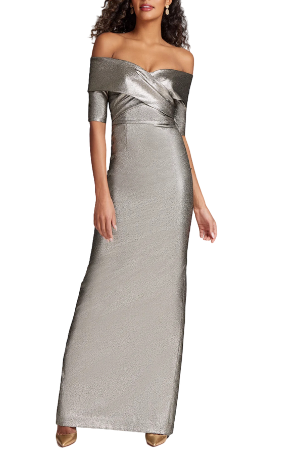 Metallic Jacquard Off Shoulder Portrait Gown