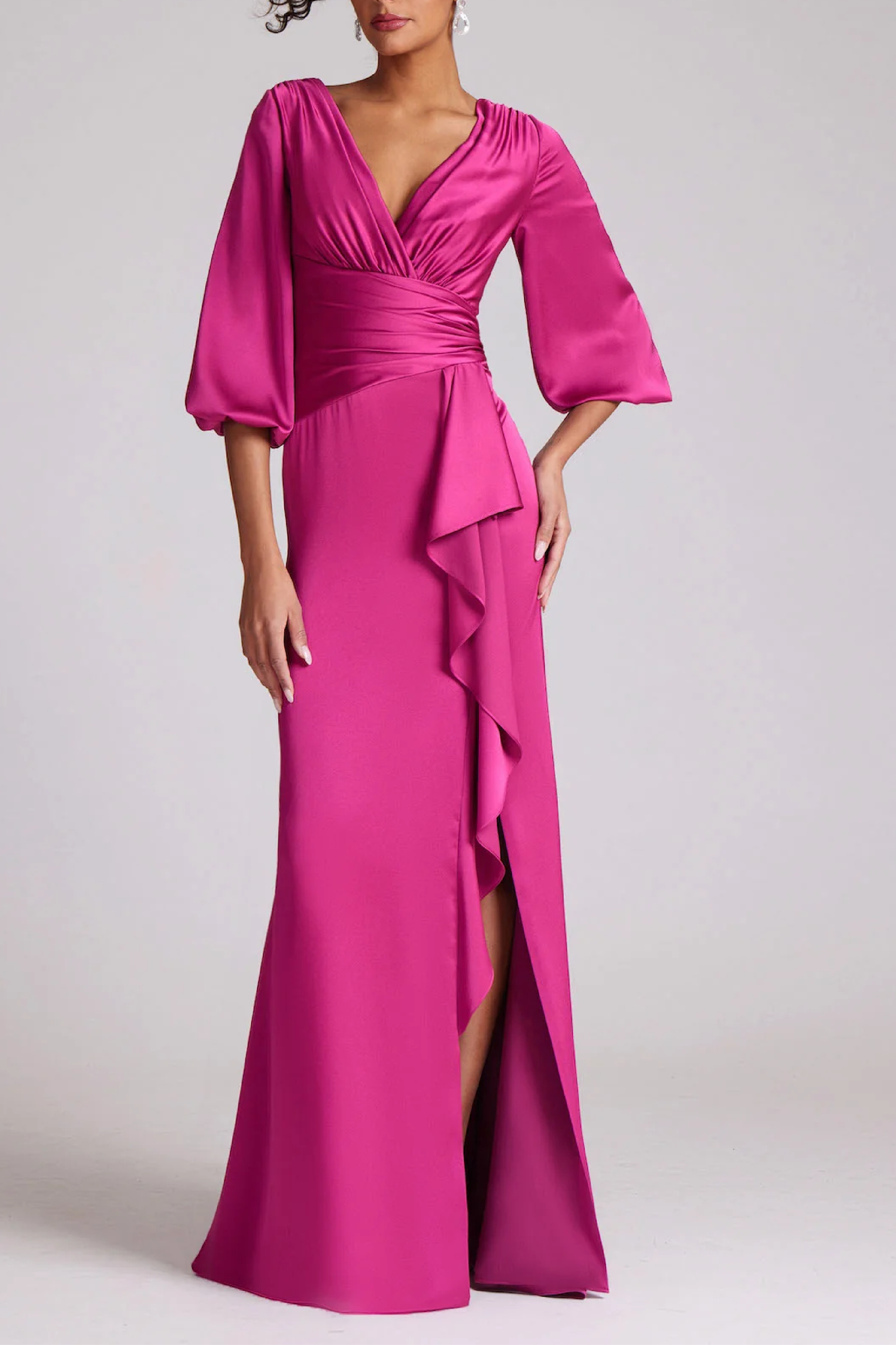 Satin Full Sleeve Side Drape Gown