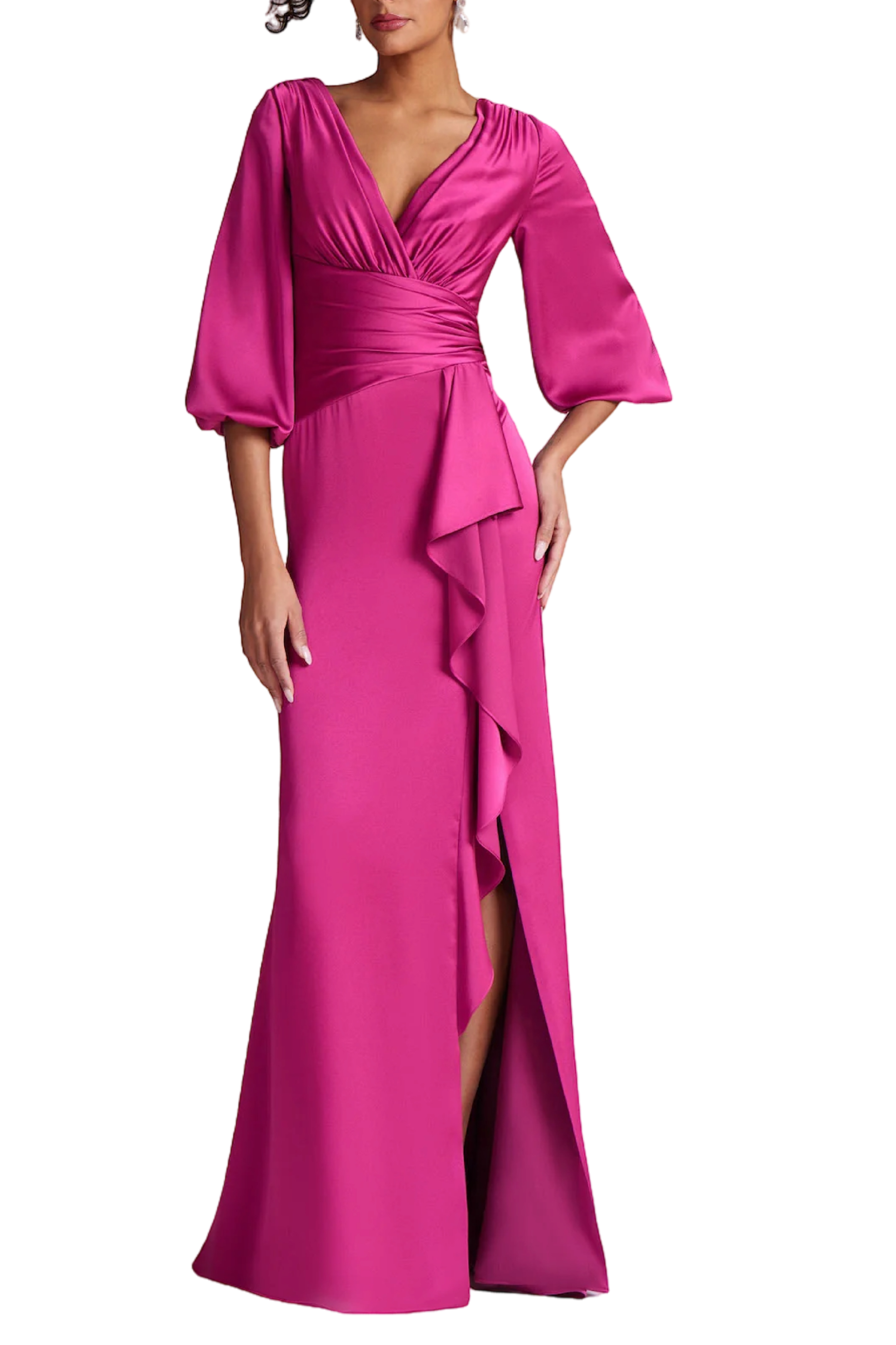 Satin Full Sleeve Side Drape Gown