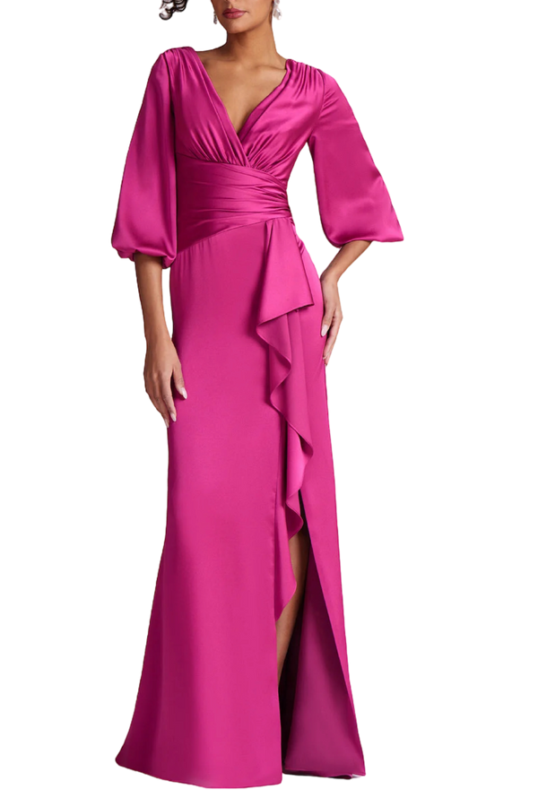 Satin Full Sleeve Side Drape Gown