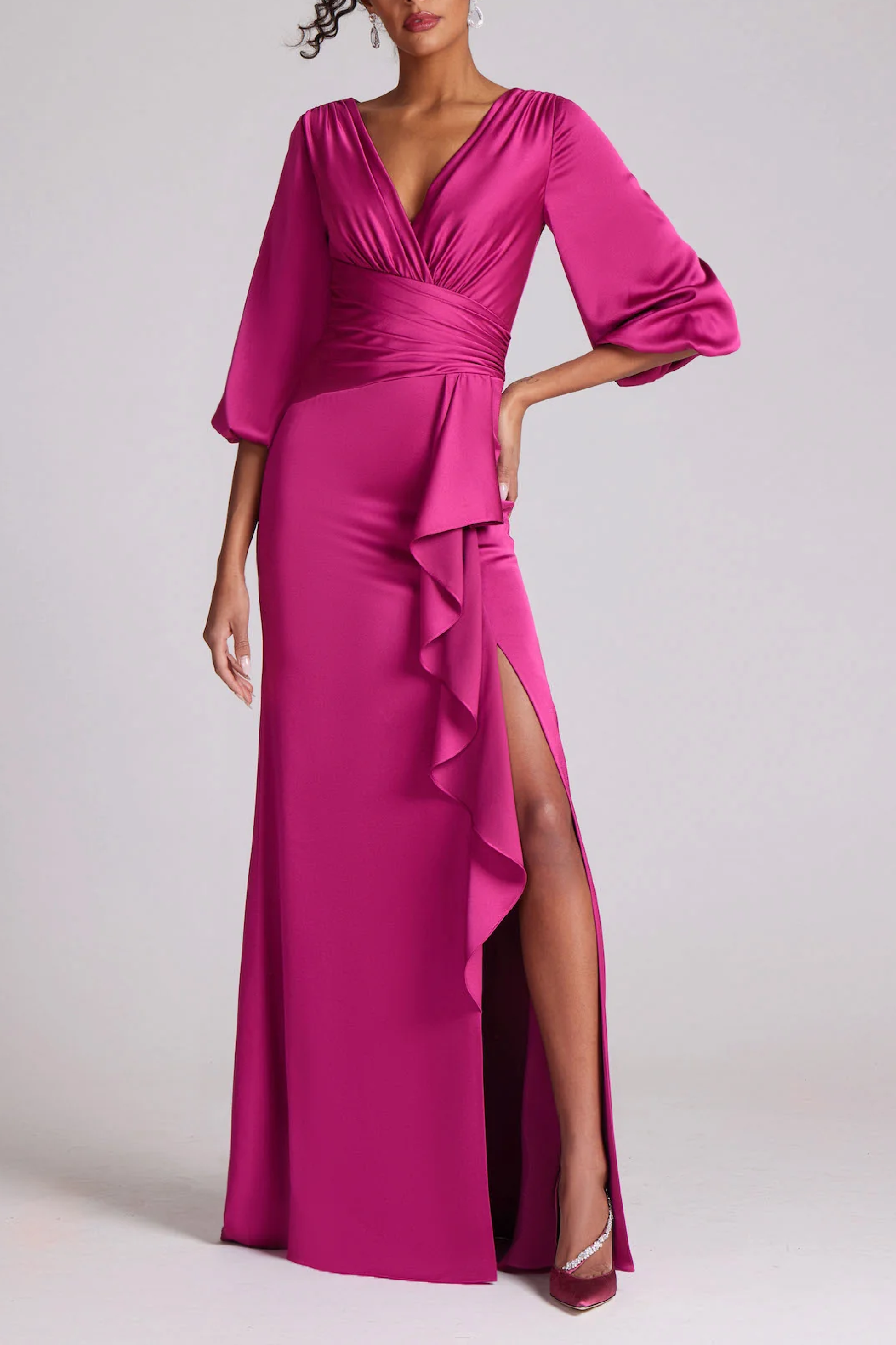 Satin Full Sleeve Side Drape Gown