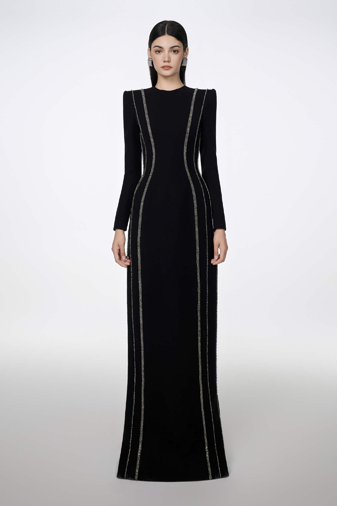 Crystal Embellished Long Sleeve Bodycon Gown