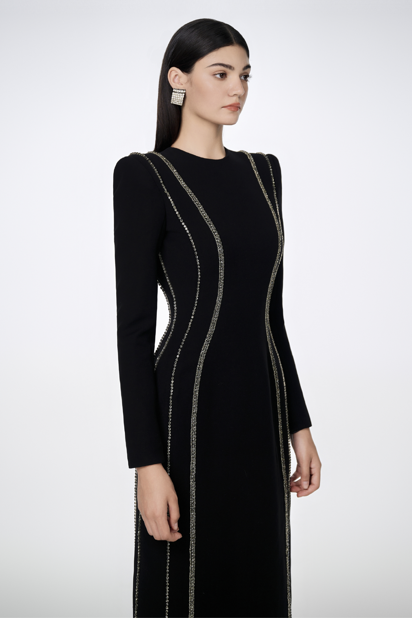 Crystal Embellished Long Sleeve Bodycon Gown