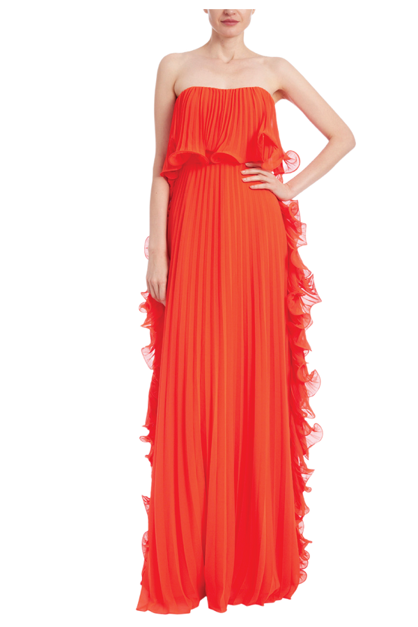 Pleated Strapless Dress with Side Ruffles