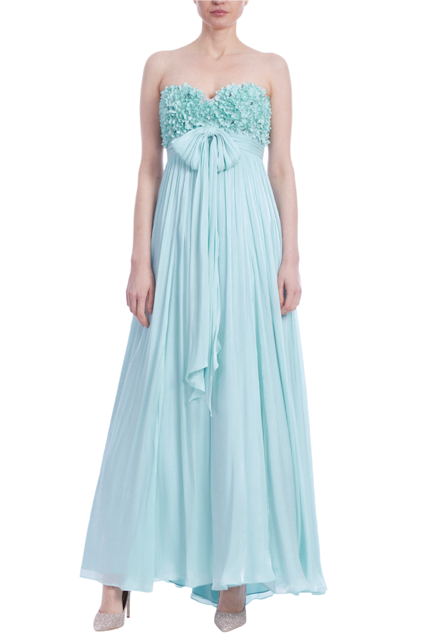 Strapless Chiffon Gown with Floral Bodice