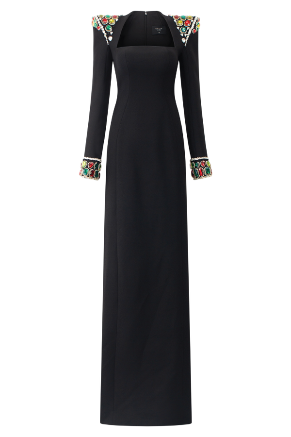 Long Sleeve Stone Embellished Shoulder Dress