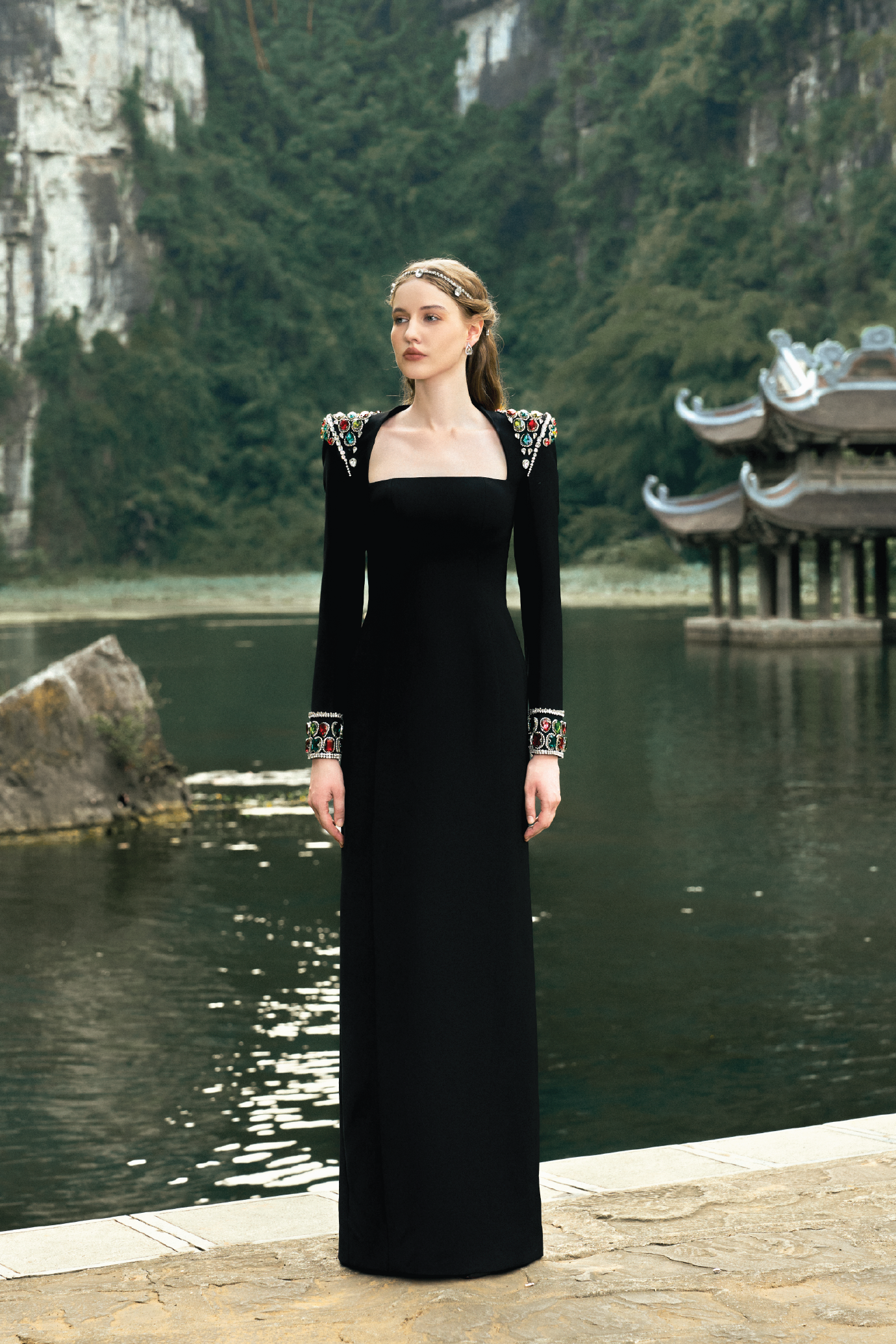 Long Sleeve Stone Embellished Shoulder Dress