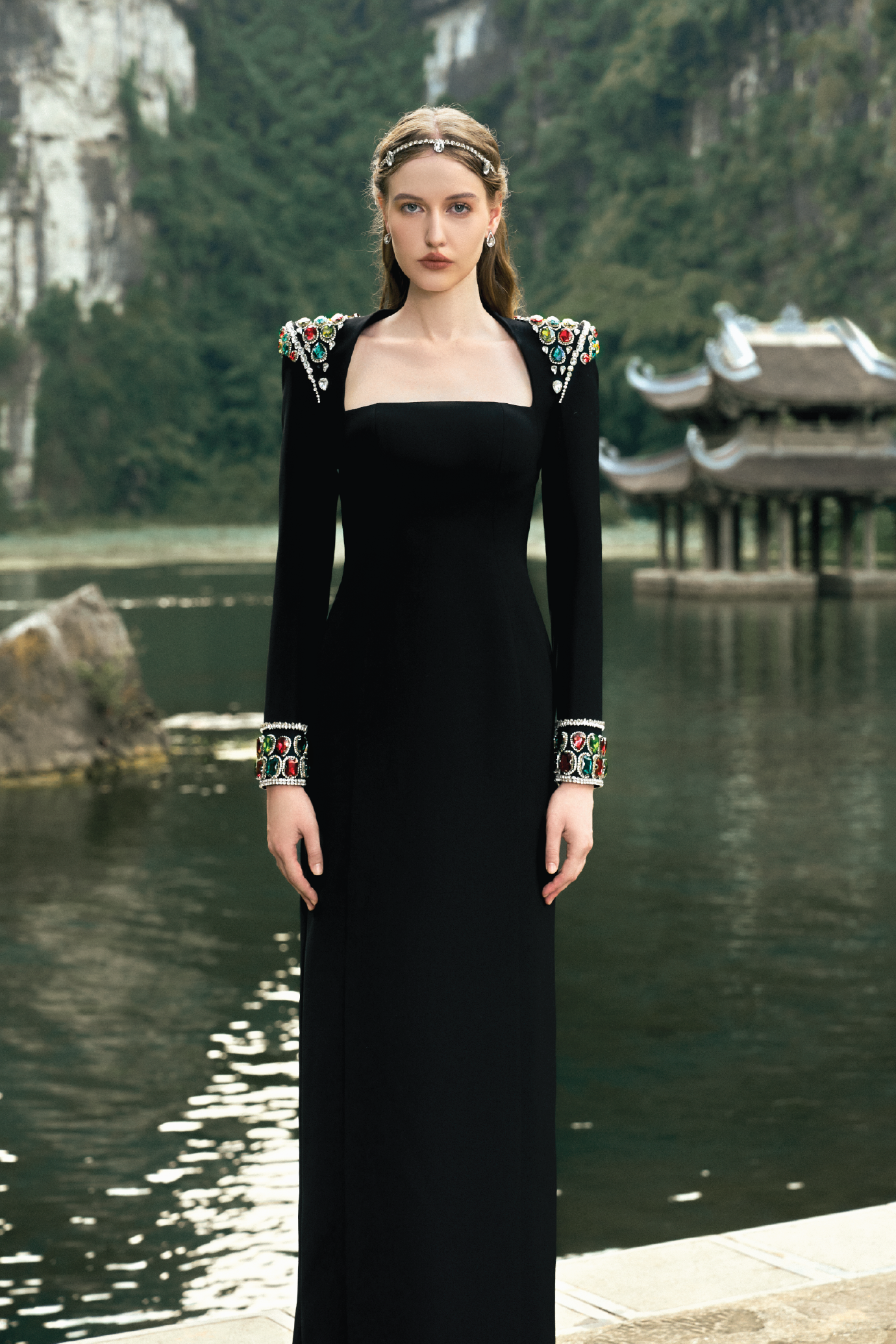 Long Sleeve Stone Embellished Shoulder Dress