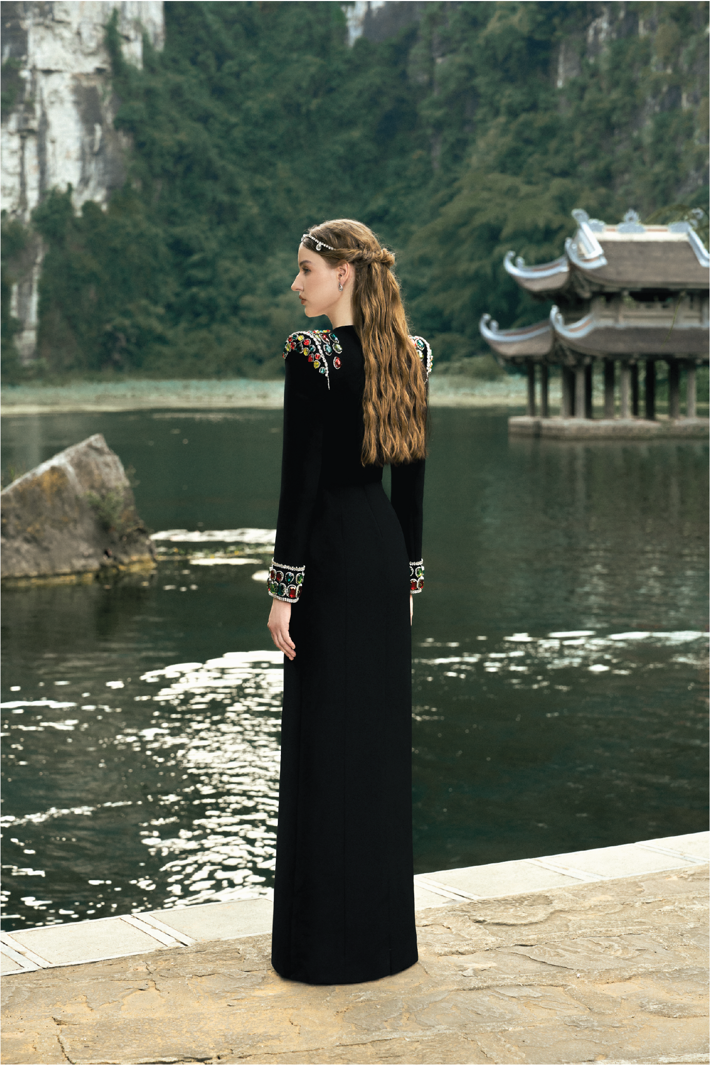 Long Sleeve Stone Embellished Shoulder Dress