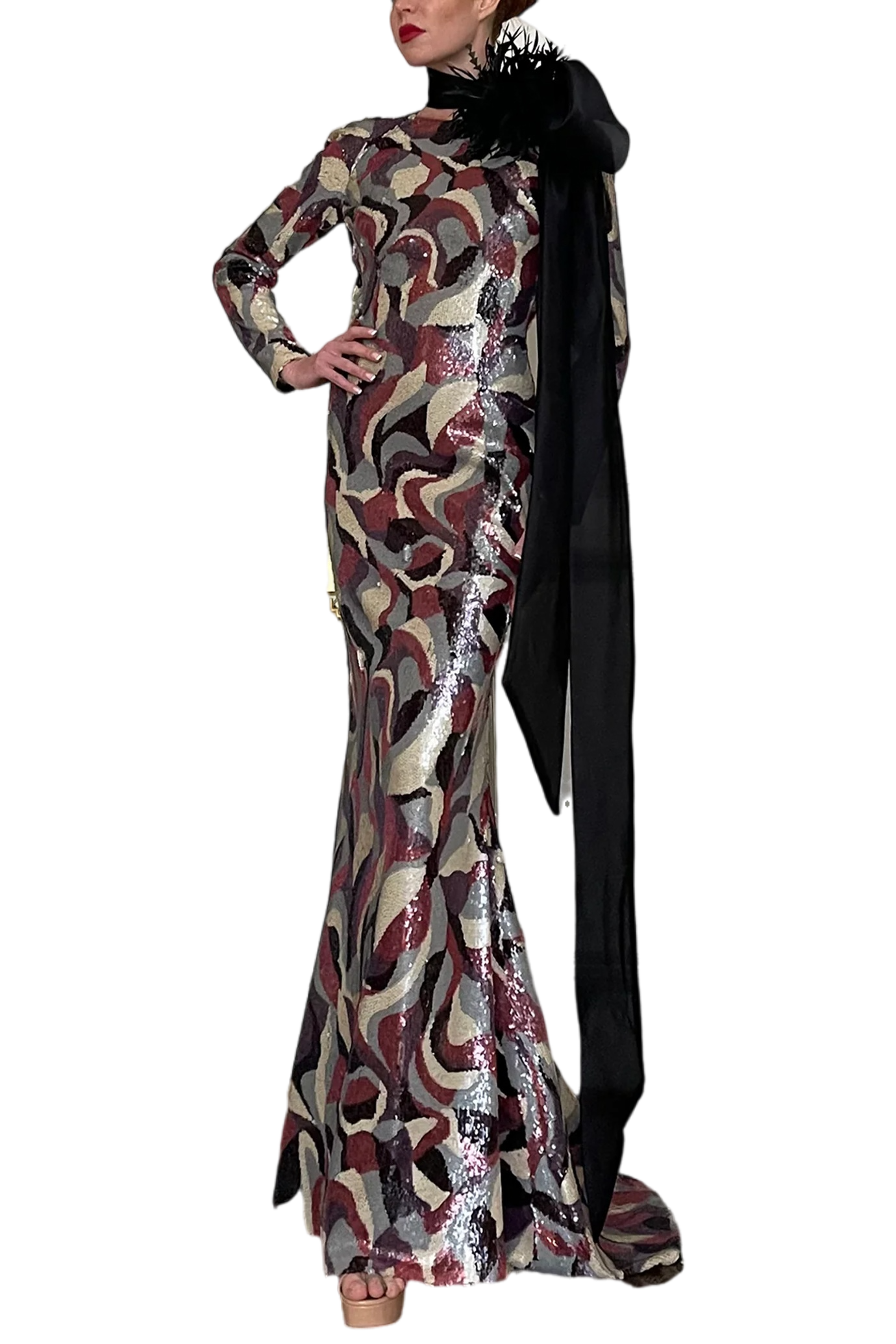 Long-Sleeved Mermaid Dress with Neck Bow