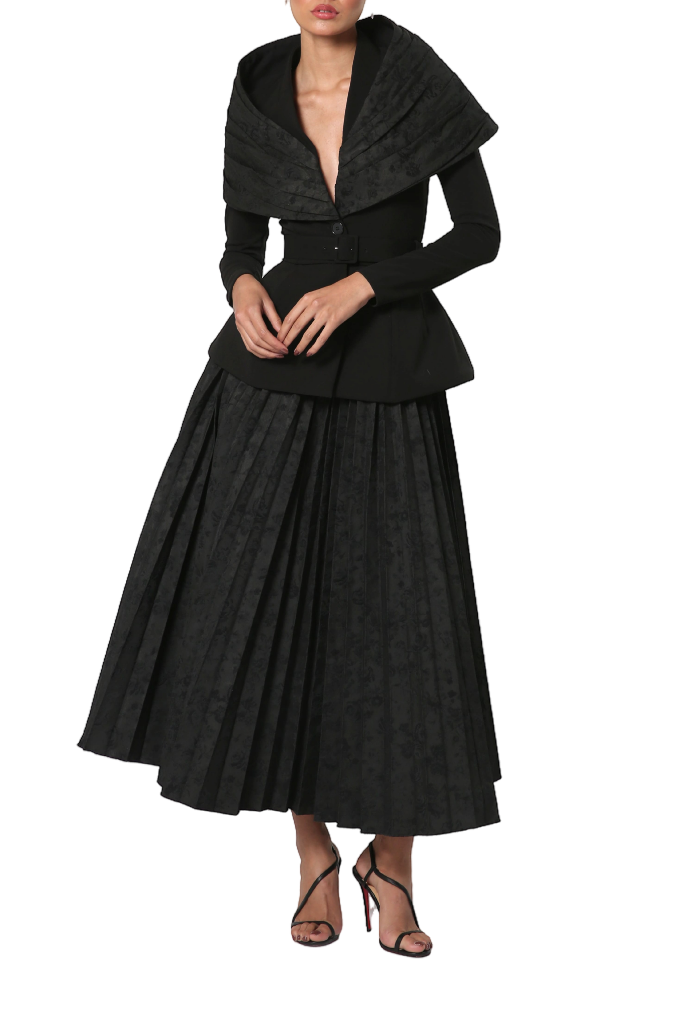 Scarf Collar Jacket and Pleated Jacquard Skirt