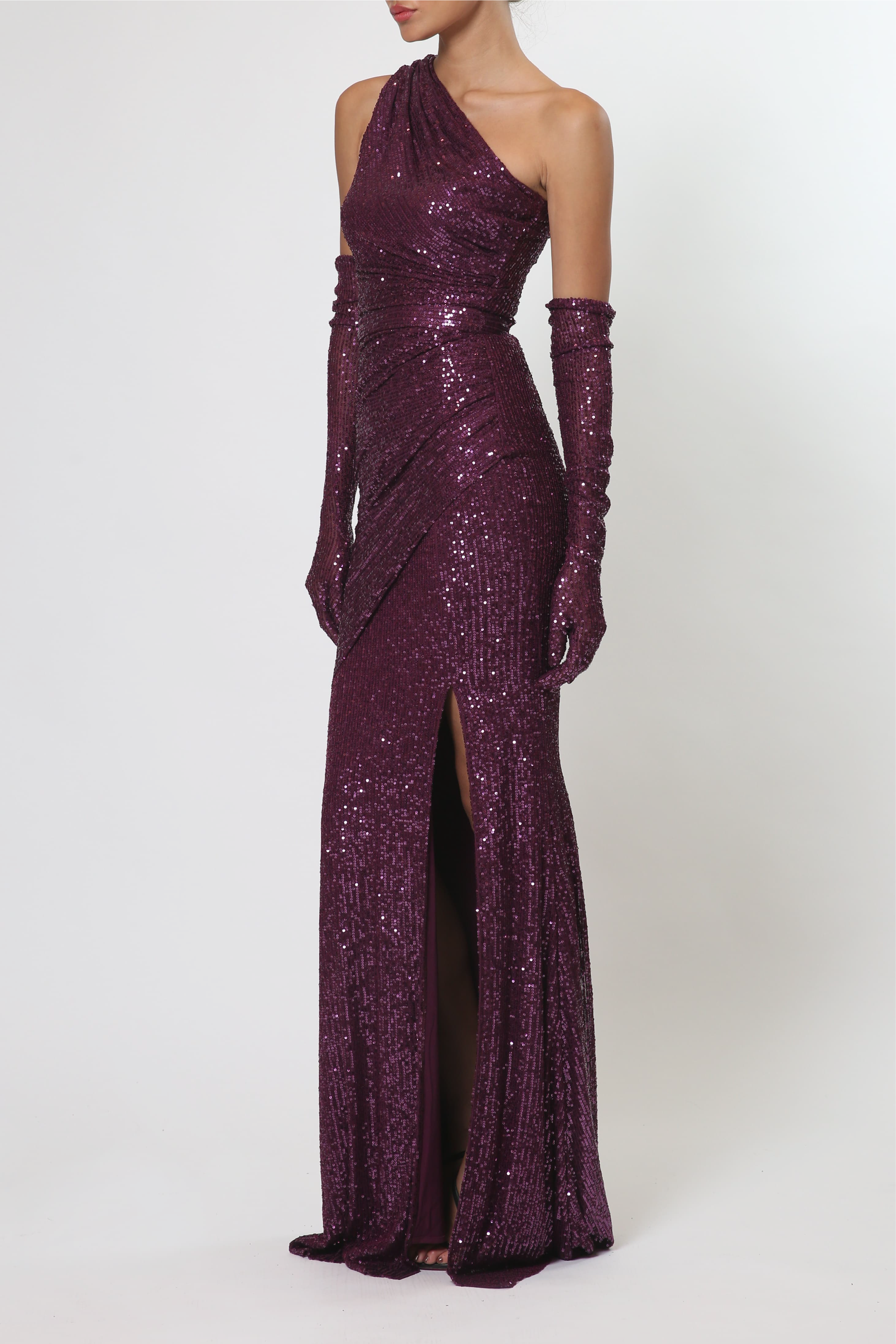One Shoulder Draped Sequin Gown with Gloves
