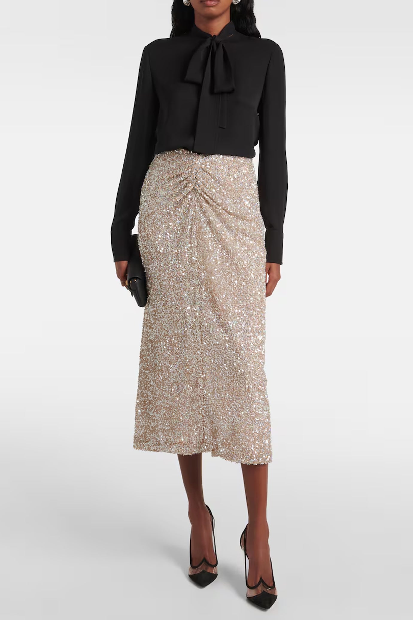 Zuri Ruched Sequined Midi Skirt