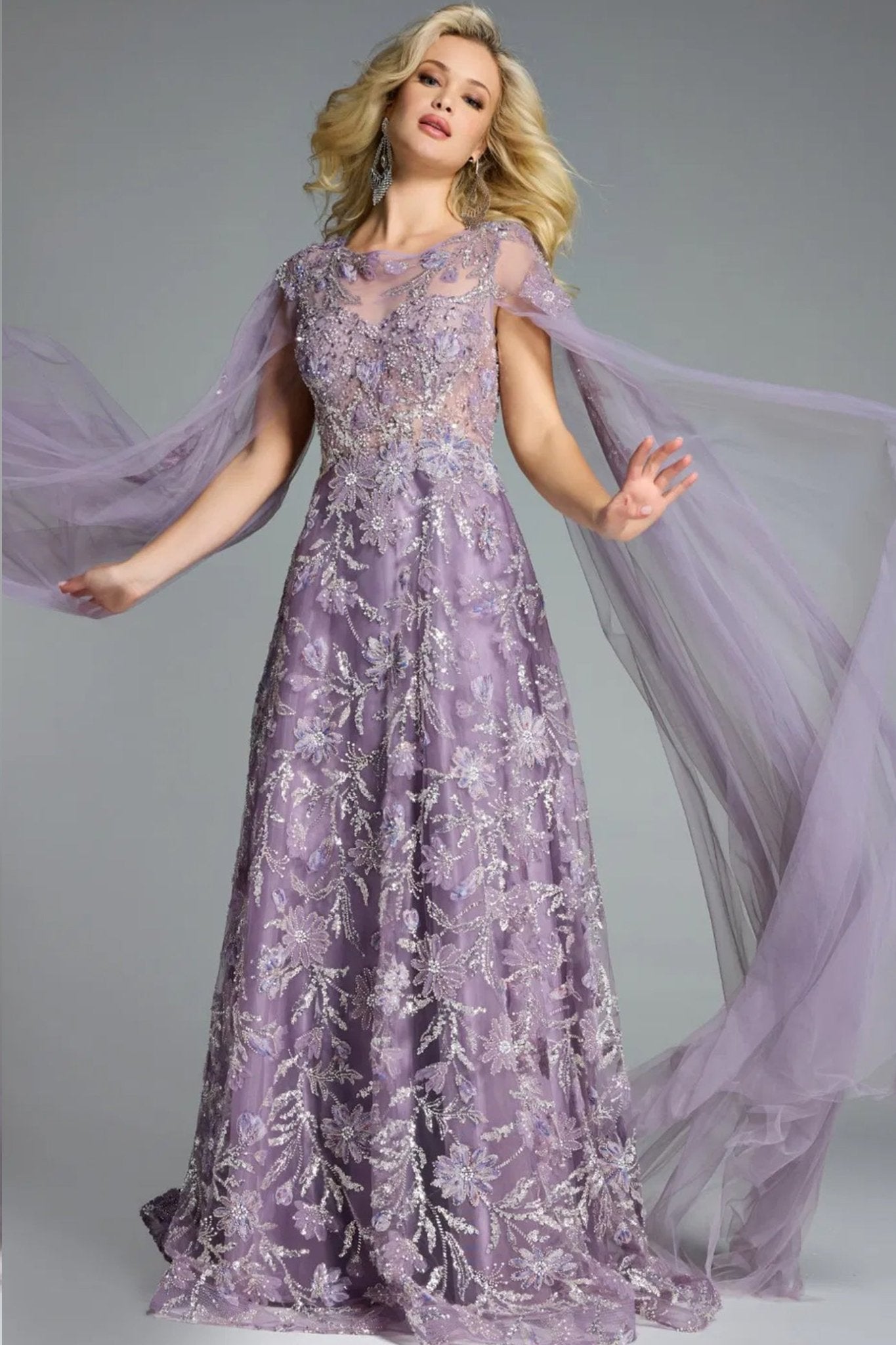 A - Line Gown with Floral Embroidery and Cape Sleeves - ALBOUSHIYA - district 5 - dubai - riyadh - abaya - dresses - designers - evening wear - luxury - elegance - craftsmanship - gowns - cocktail dresses - collections - georges