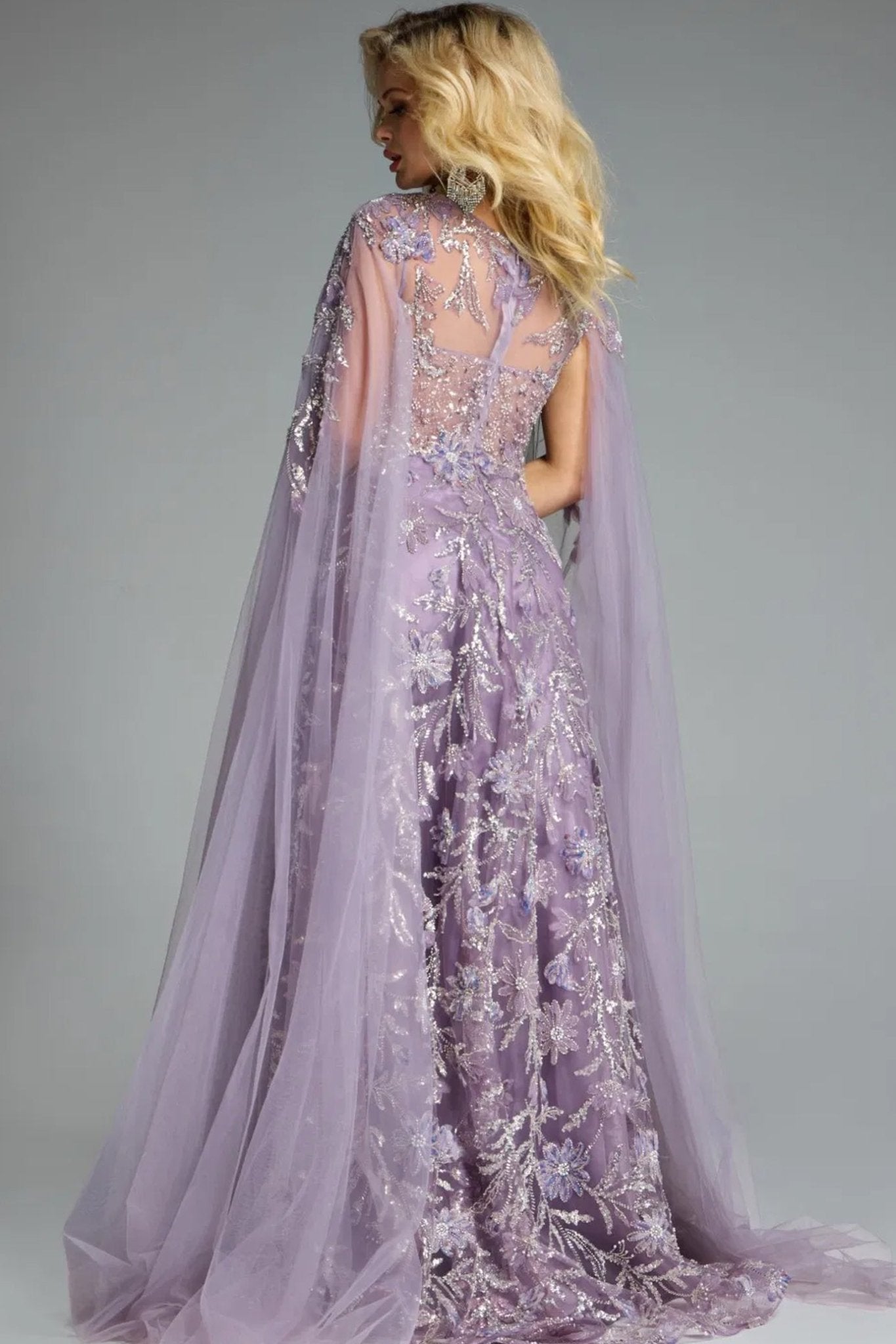 A - Line Gown with Floral Embroidery and Cape Sleeves - ALBOUSHIYA - district 5 - dubai - riyadh - abaya - dresses - designers - evening wear - luxury - elegance - craftsmanship - gowns - cocktail dresses - collections - georges