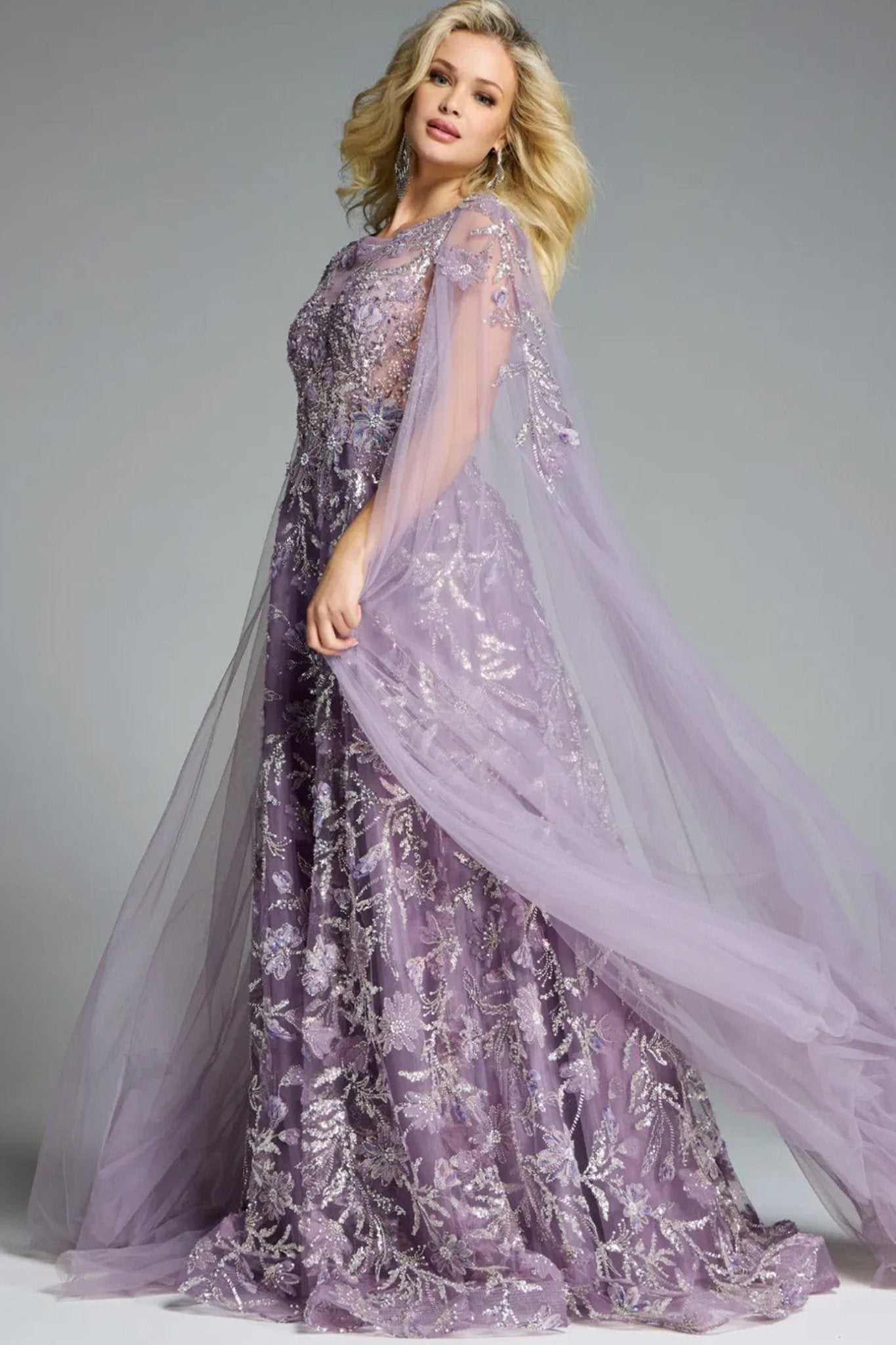 A - Line Gown with Floral Embroidery and Cape Sleeves - ALBOUSHIYA - district 5 - dubai - riyadh - abaya - dresses - designers - evening wear - luxury - elegance - craftsmanship - gowns - cocktail dresses - collections - georges