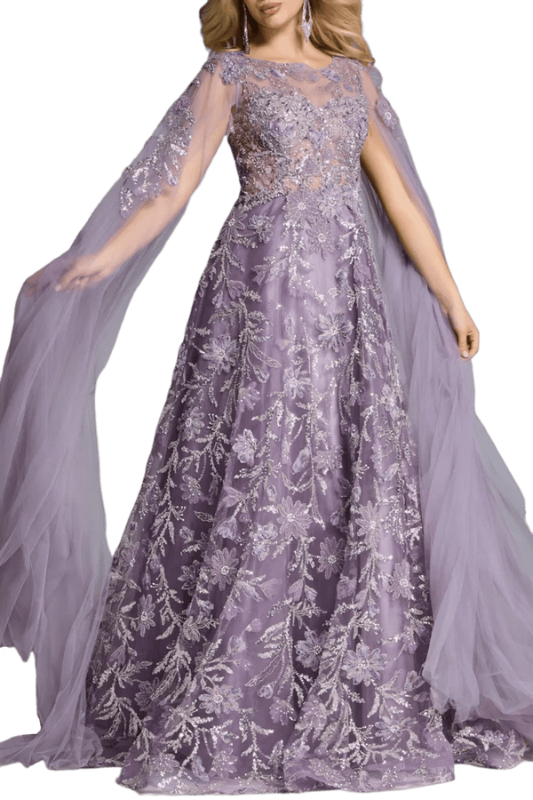 A - Line Gown with Floral Embroidery and Cape Sleeves - ALBOUSHIYA - district 5 - dubai - riyadh - abaya - dresses - designers - evening wear - luxury - elegance - craftsmanship - gowns - cocktail dresses - collections - georges