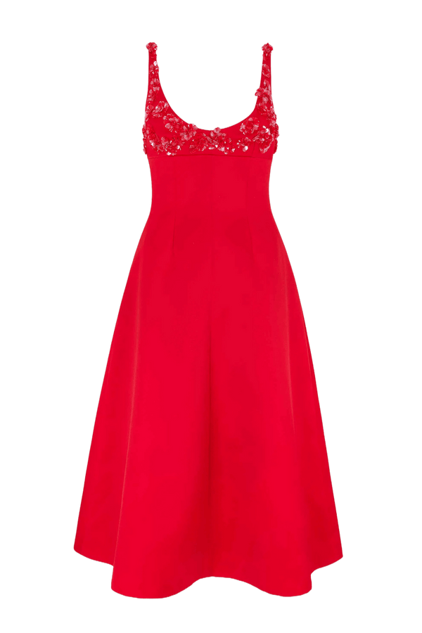Abella Embellished Dress In Bright Red Doppio Satin - ALBOUSHIYA - district 5 - dubai - riyadh - abaya - dresses - designers - evening wear - luxury - elegance - craftsmanship - gowns - cocktail dresses - collections - georges