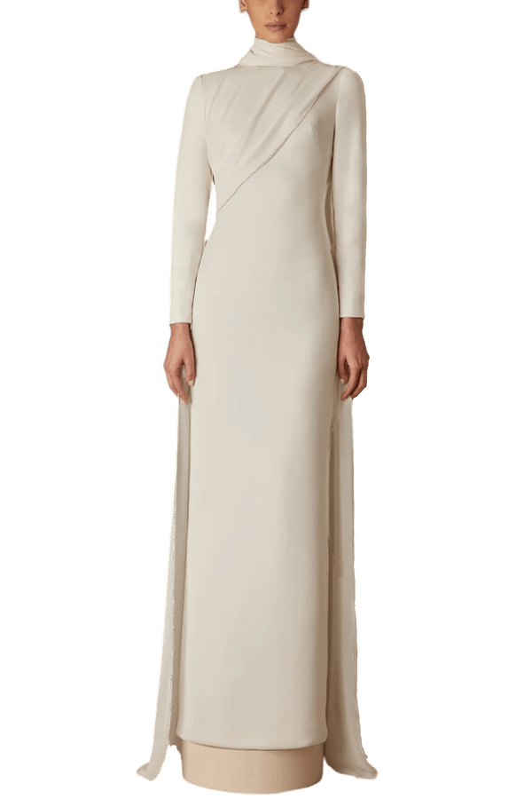 Aida Crepe Dress with Handmade Crystal stone Edge Embroidery Cape - ALBOUSHIYA - district 5 - dubai - riyadh - abaya - dresses - designers - evening wear - luxury - elegance - craftsmanship - gowns - cocktail dresses - collections - georges